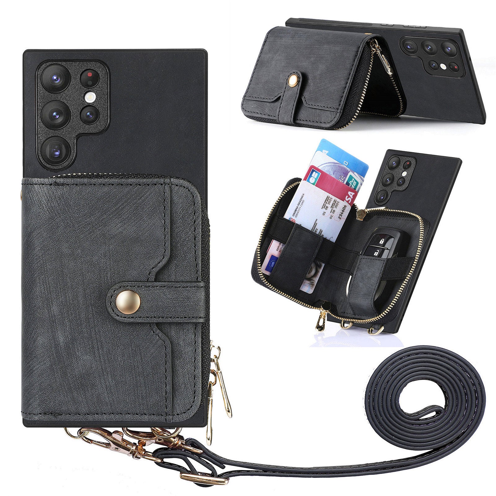 D3 Retro Phone Shell for Samsung Galaxy S23 Ultra PU Leather+PC+TPU Phone Case Zipper Wallet