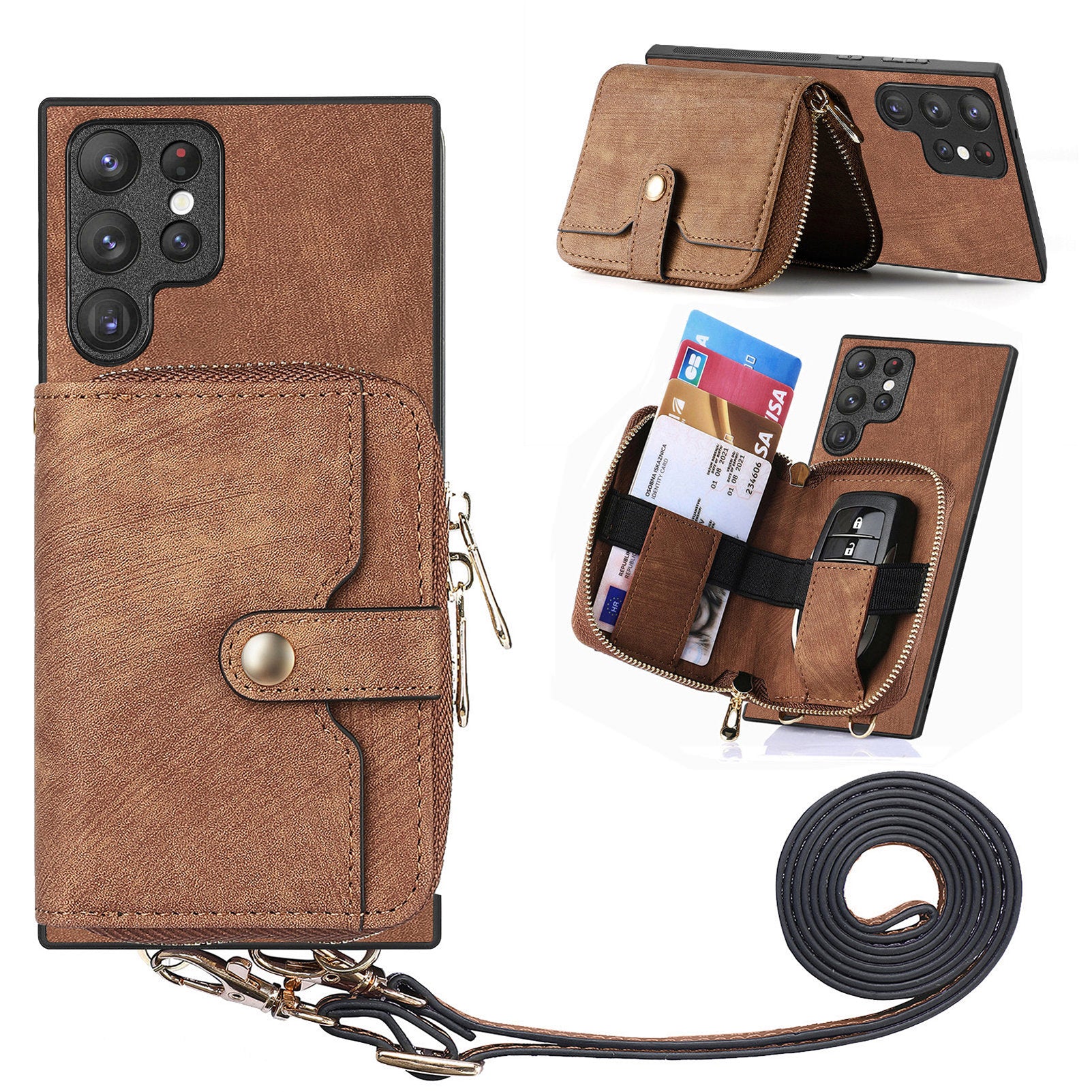 D3 Retro Phone Shell for Samsung Galaxy S23 Ultra PU Leather+PC+TPU Phone Case Zipper Wallet