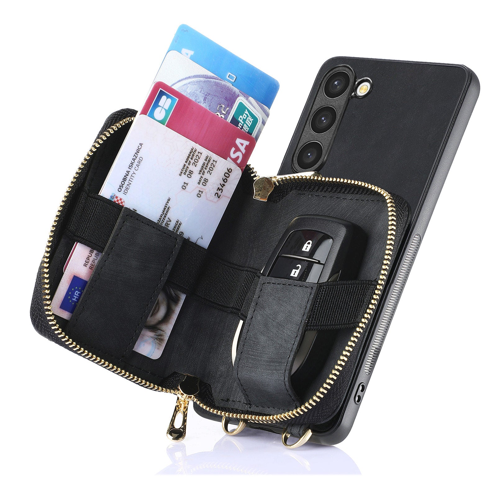 D3 for Samsung Galaxy S23 Zipper Pocket Case Drop Proof Leather+TPU+PC Crossbody Phone Cover