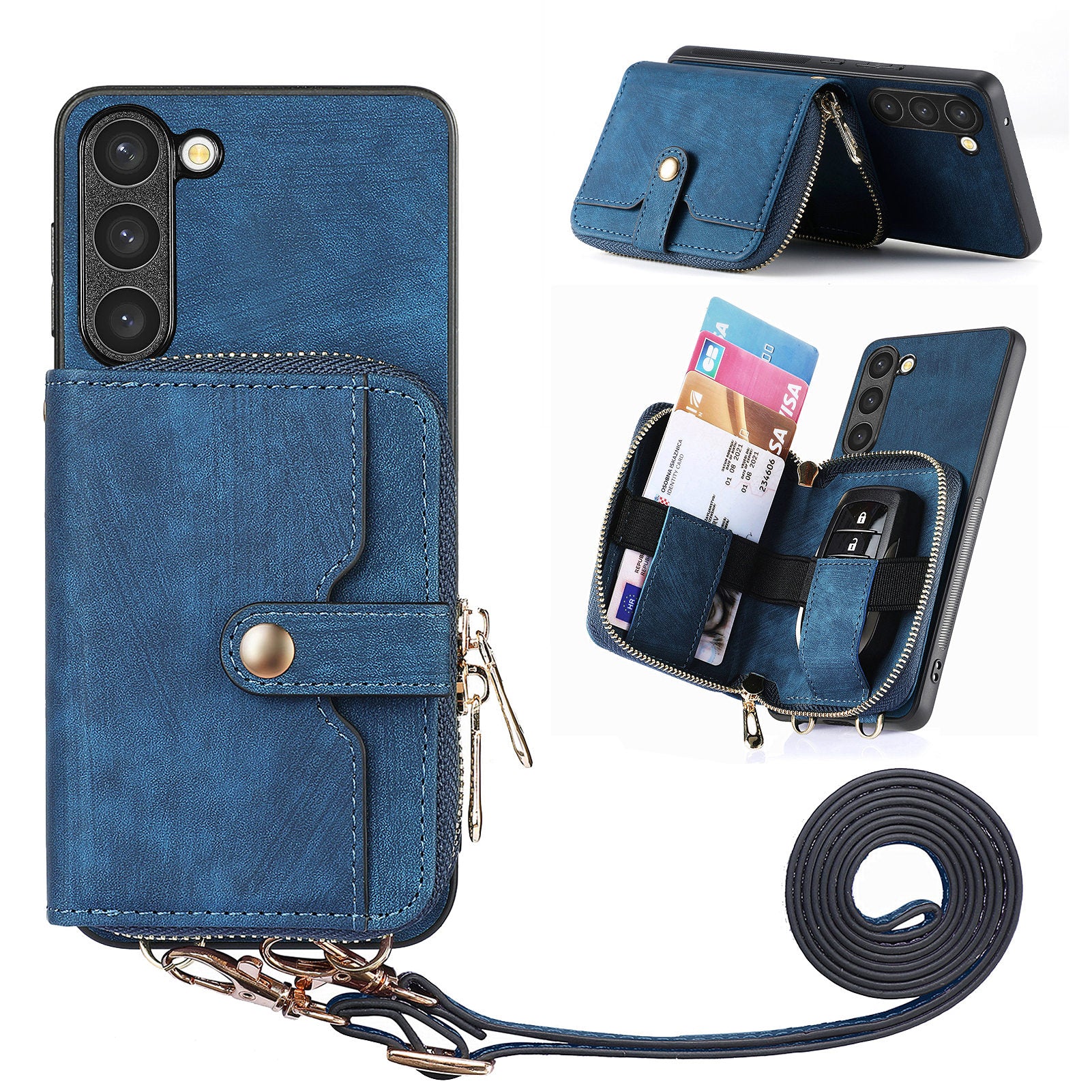 D3 for Samsung Galaxy S23 Zipper Pocket Case Drop Proof Leather+TPU+PC Crossbody Phone Cover