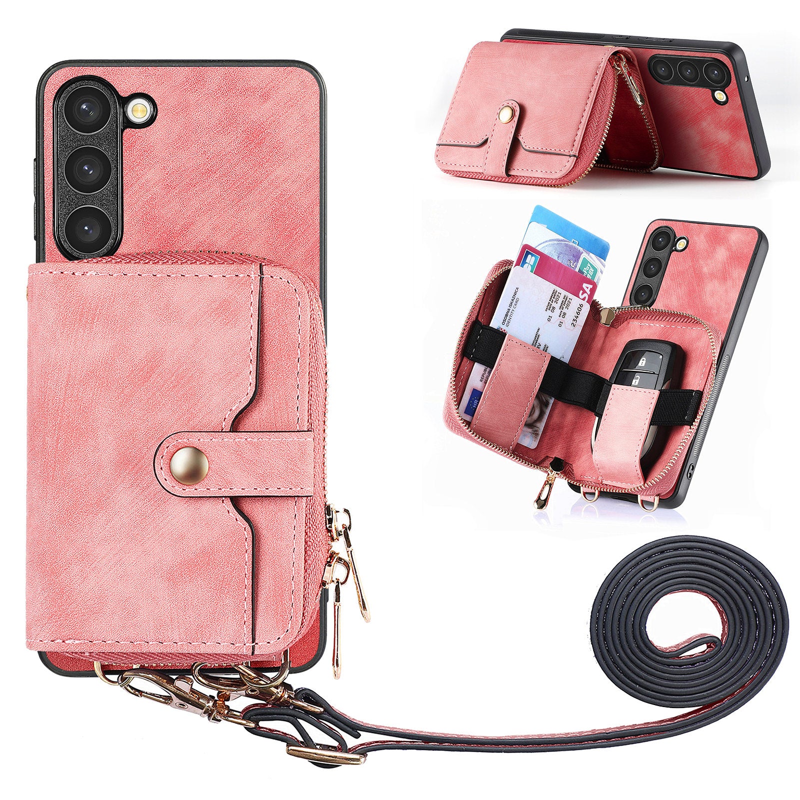 D3 for Samsung Galaxy S23 Zipper Pocket Case Drop Proof Leather+TPU+PC Crossbody Phone Cover