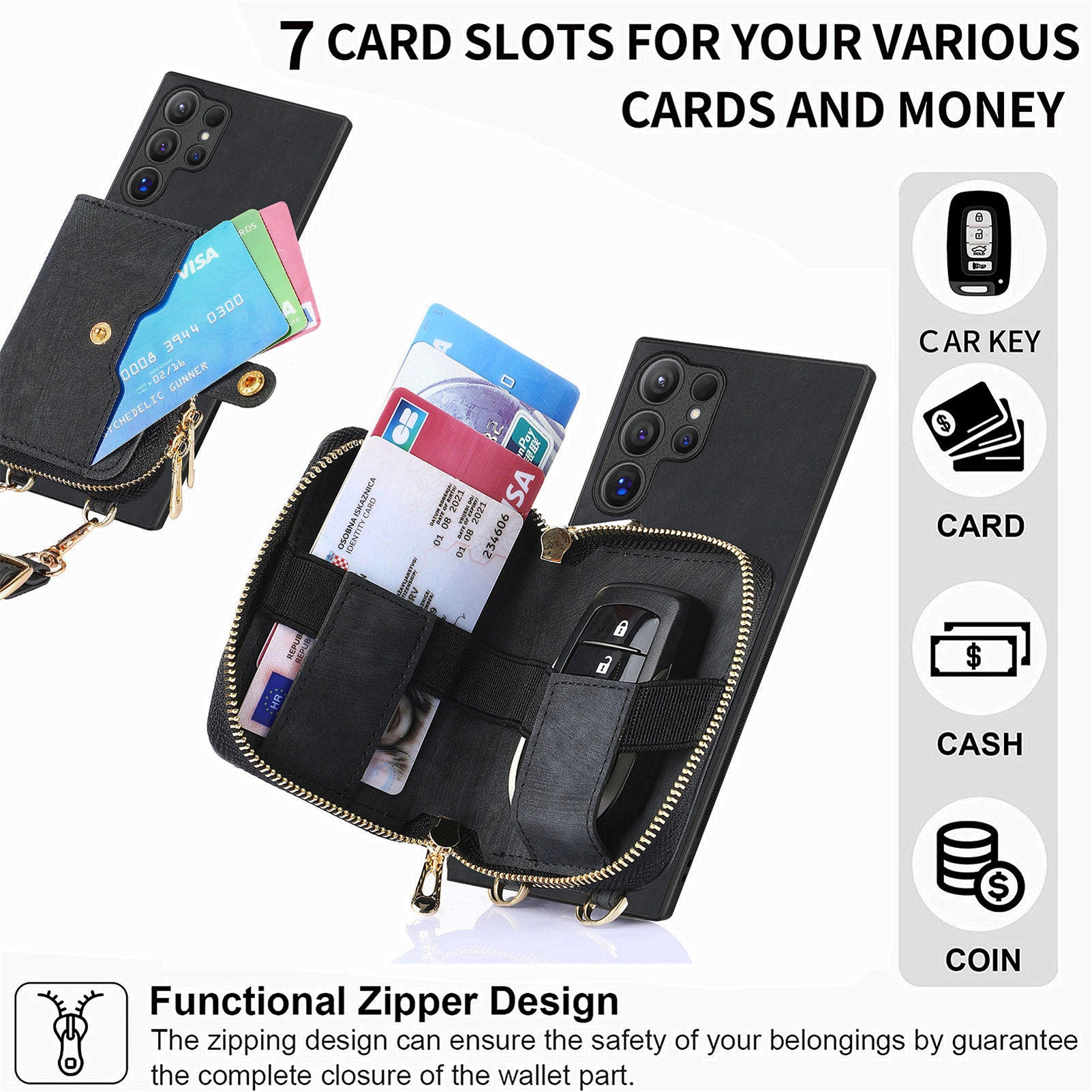D3 For Samsung Galaxy S24 Ultra Cell Phone Case Card Holder Zipper Wallet Leather+TPU+PC Cover