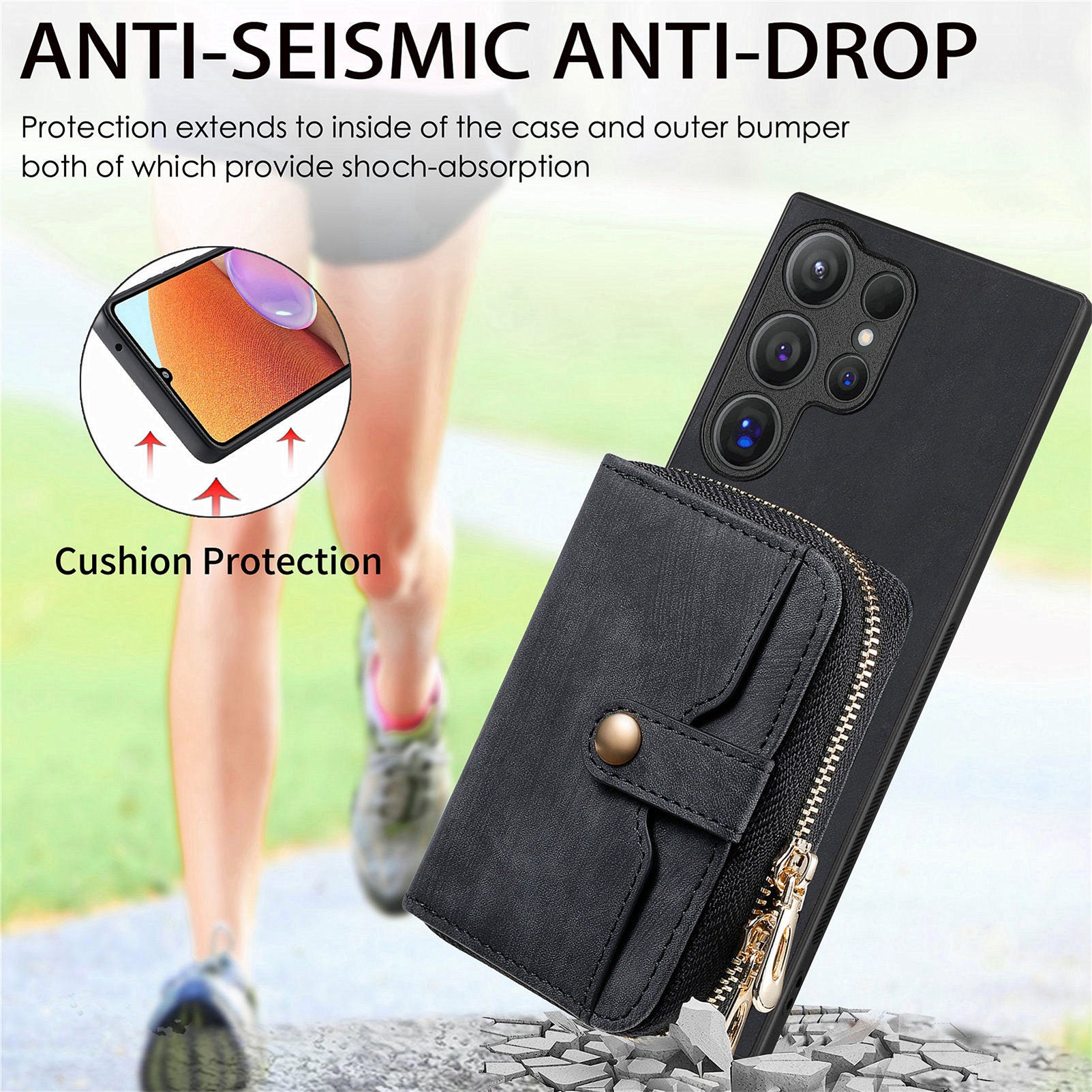 D3 For Samsung Galaxy S24 Ultra Cell Phone Case Card Holder Zipper Wallet Leather+TPU+PC Cover