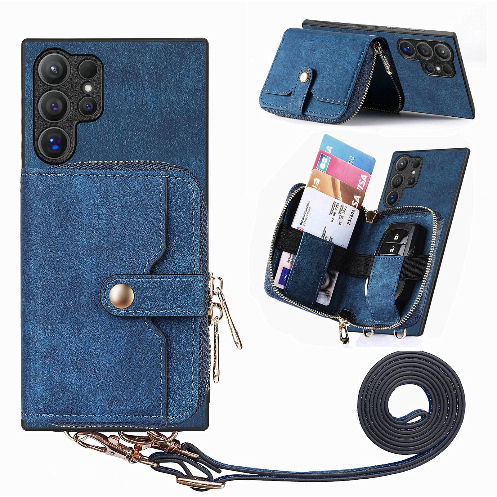 D3 For Samsung Galaxy S24 Ultra Cell Phone Case Card Holder Zipper Wallet Leather+TPU+PC Cover