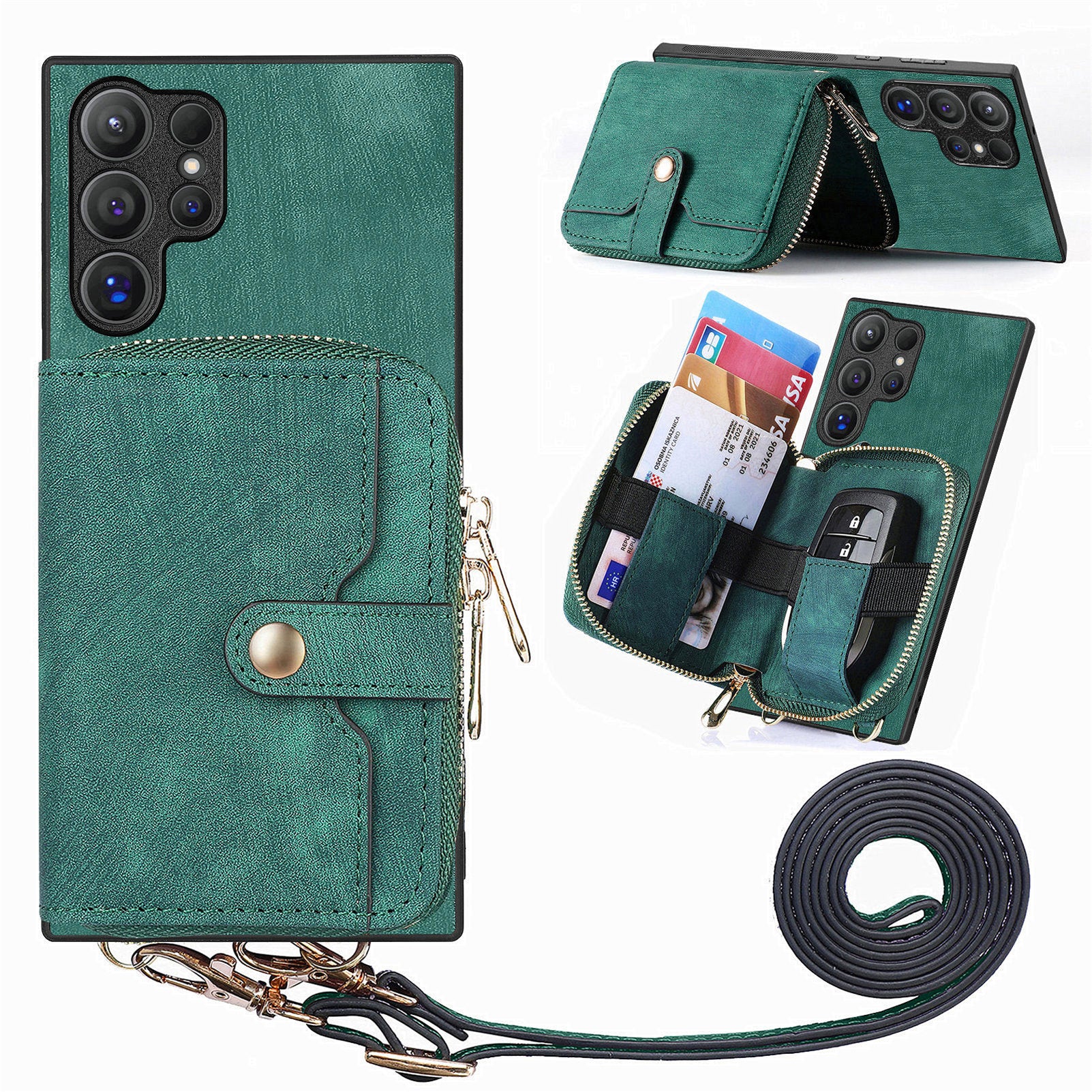 D3 For Samsung Galaxy S24 Ultra Cell Phone Case Card Holder Zipper Wallet Leather+TPU+PC Cover