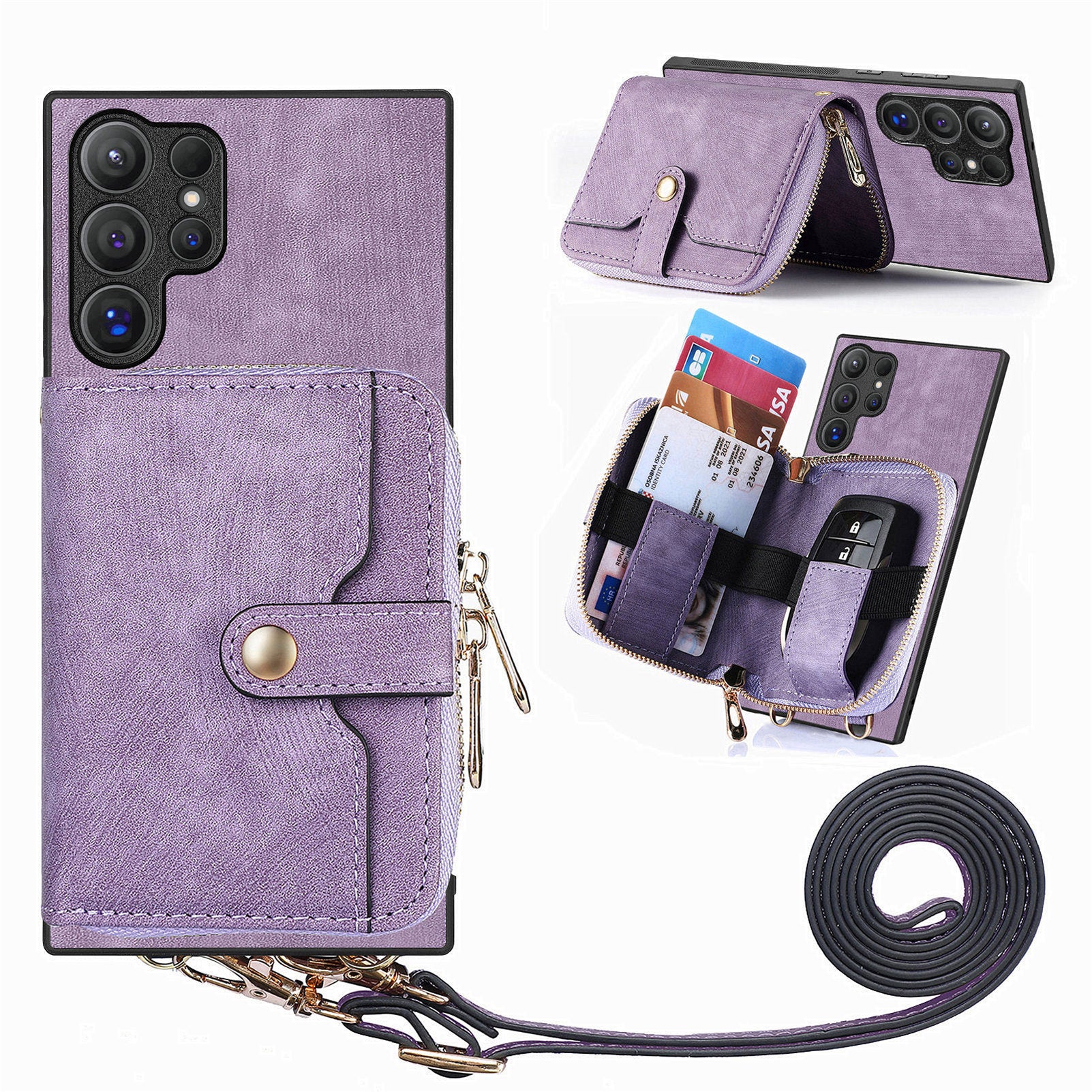 D3 For Samsung Galaxy S24 Ultra Cell Phone Case Card Holder Zipper Wallet Leather+TPU+PC Cover