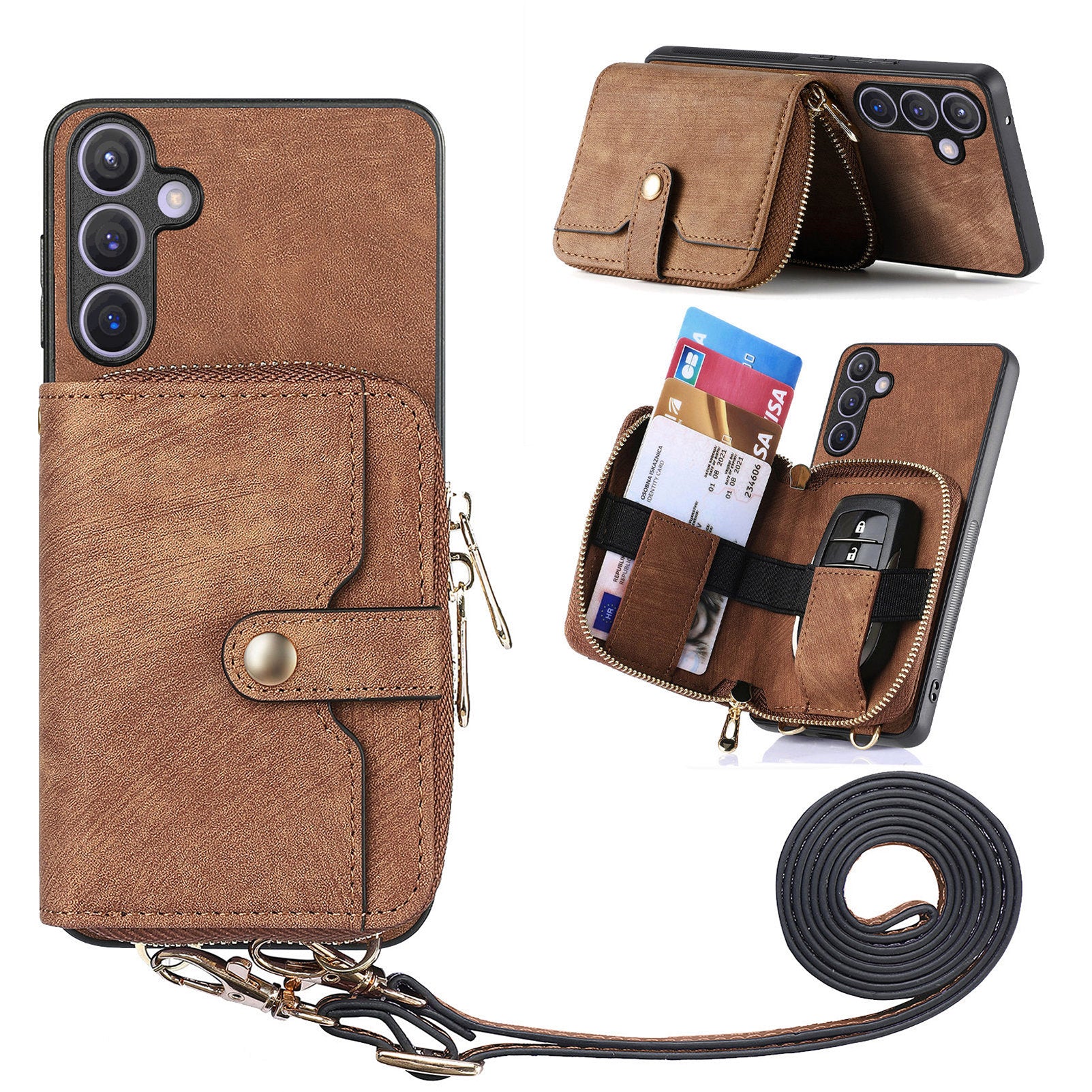 D3 Zipper Pocket Wallet Shell for Samsung Galaxy S24+ PU Leather+PC+TPU Phone Case Retro Cover