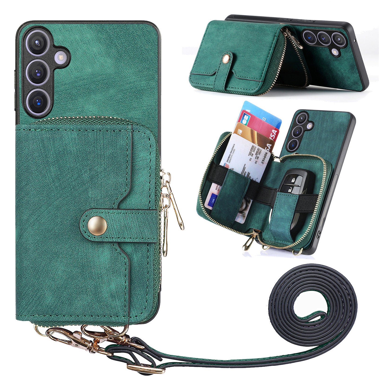 D3 Zipper Pocket Wallet Shell for Samsung Galaxy S24+ PU Leather+PC+TPU Phone Case Retro Cover