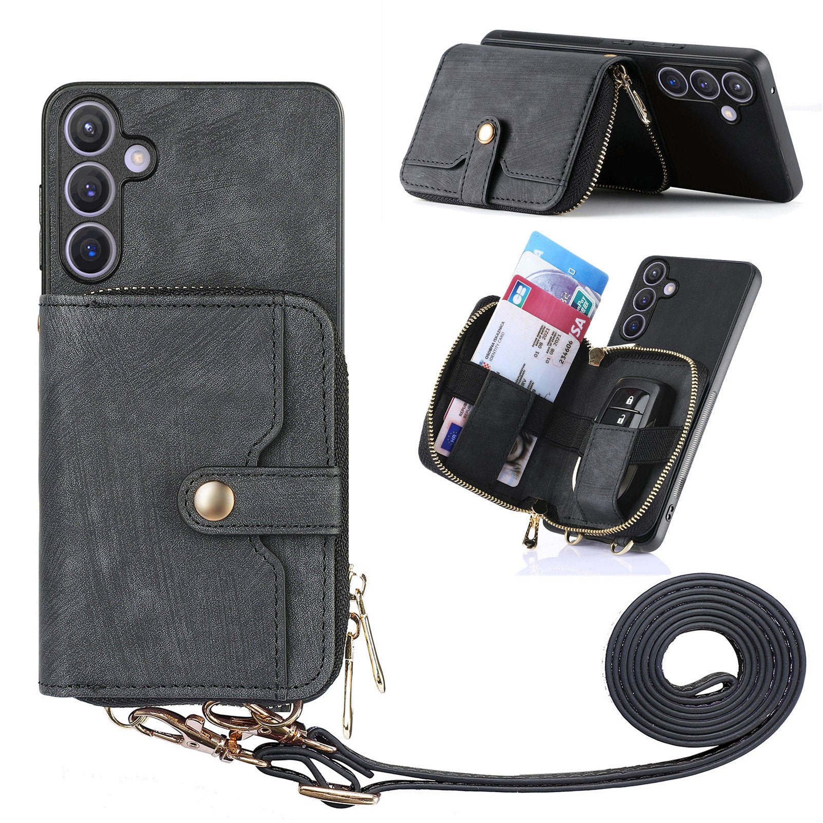 D3 for Samsung Galaxy S24 Zipper Pocket Case Anti-scratch Leather+TPU+PC Crossbody Phone Cover