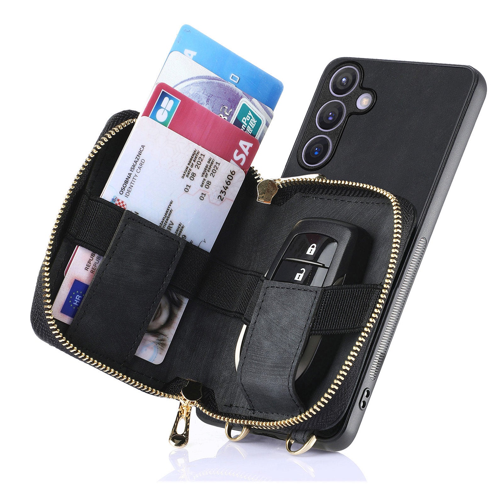 D3 for Samsung Galaxy S24 Zipper Pocket Case Anti-scratch Leather+TPU+PC Crossbody Phone Cover