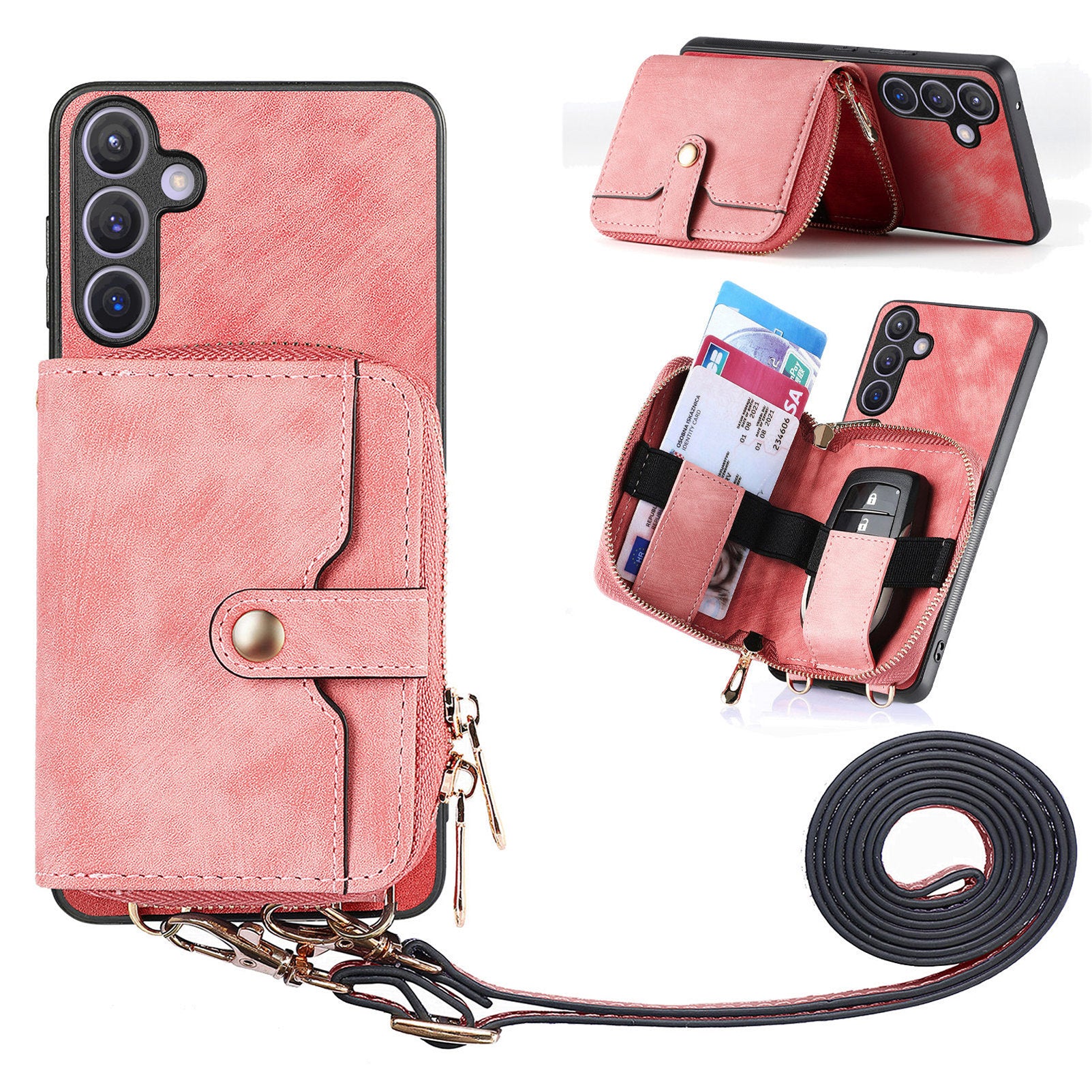 D3 for Samsung Galaxy S24 Zipper Pocket Case Anti-scratch Leather+TPU+PC Crossbody Phone Cover