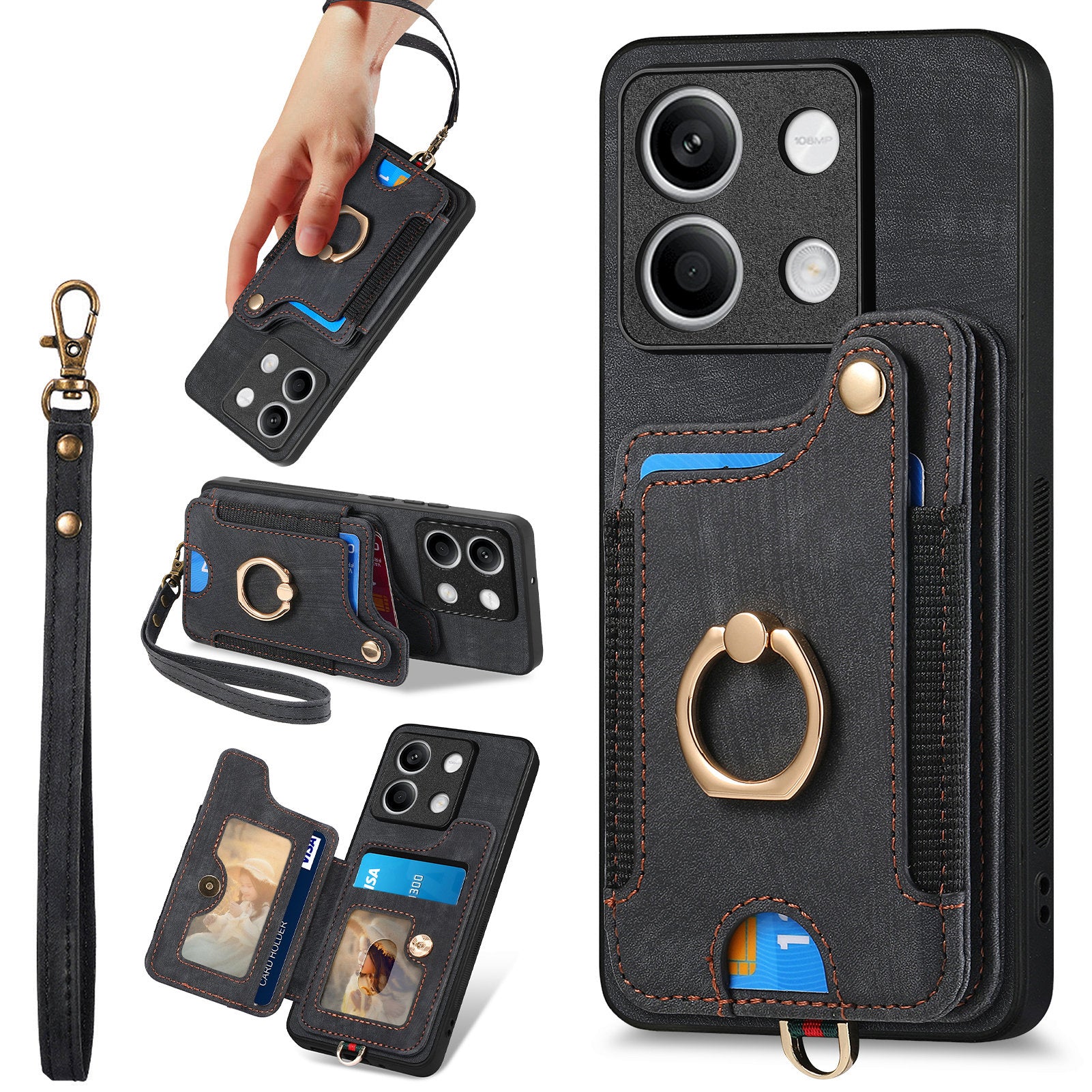 D4 For Xiaomi Redmi Note 13 4G Vintage Phone Case Card Slots Kickstand Cover RFID Blocking