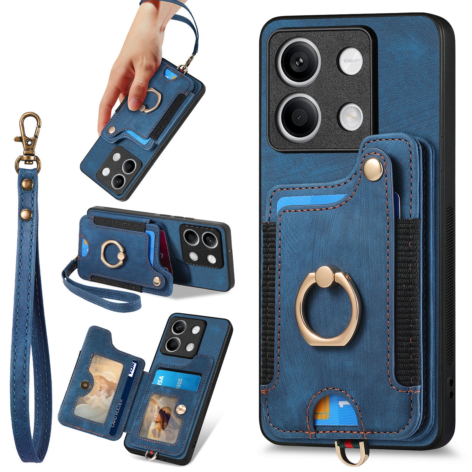 D4 For Xiaomi Redmi Note 13 4G Vintage Phone Case Card Slots Kickstand Cover RFID Blocking