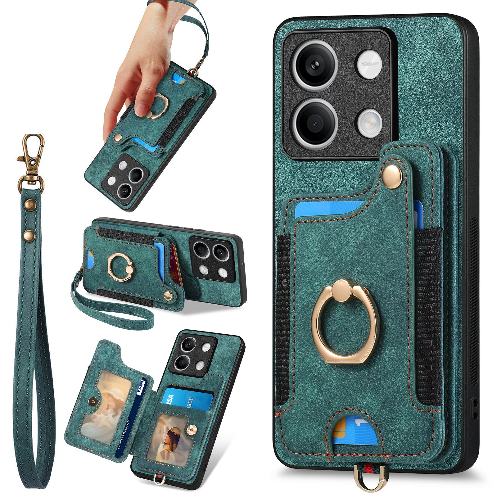 D4 For Xiaomi Redmi Note 13 4G Vintage Phone Case Card Slots Kickstand Cover RFID Blocking