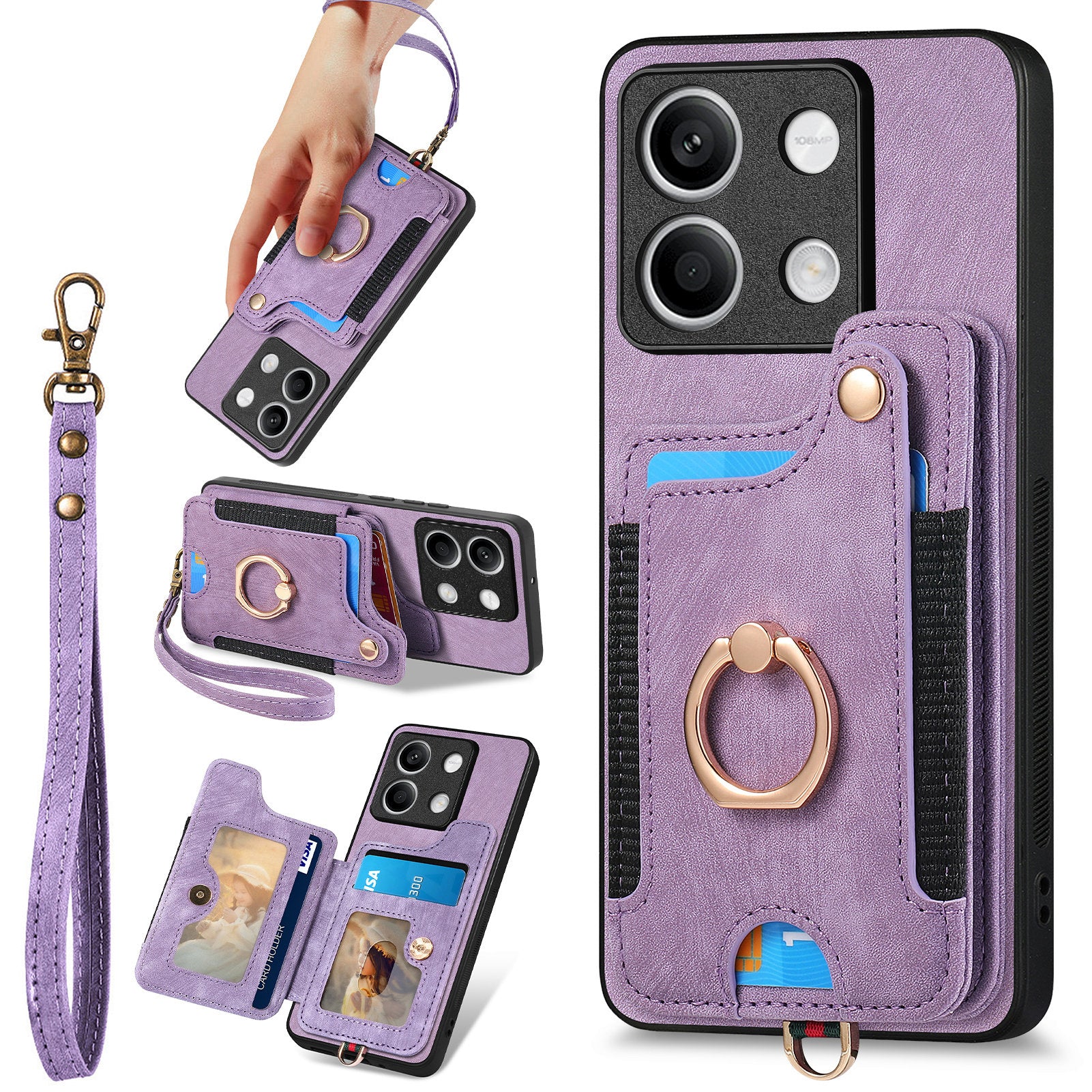 D4 For Xiaomi Redmi Note 13 4G Vintage Phone Case Card Slots Kickstand Cover RFID Blocking