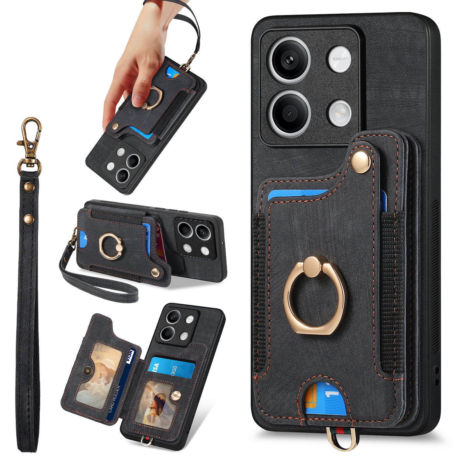 D4 For Xiaomi Redmi Note 13 5G Cell Phone Case Card Slots Vintage Cover RFID Blocking