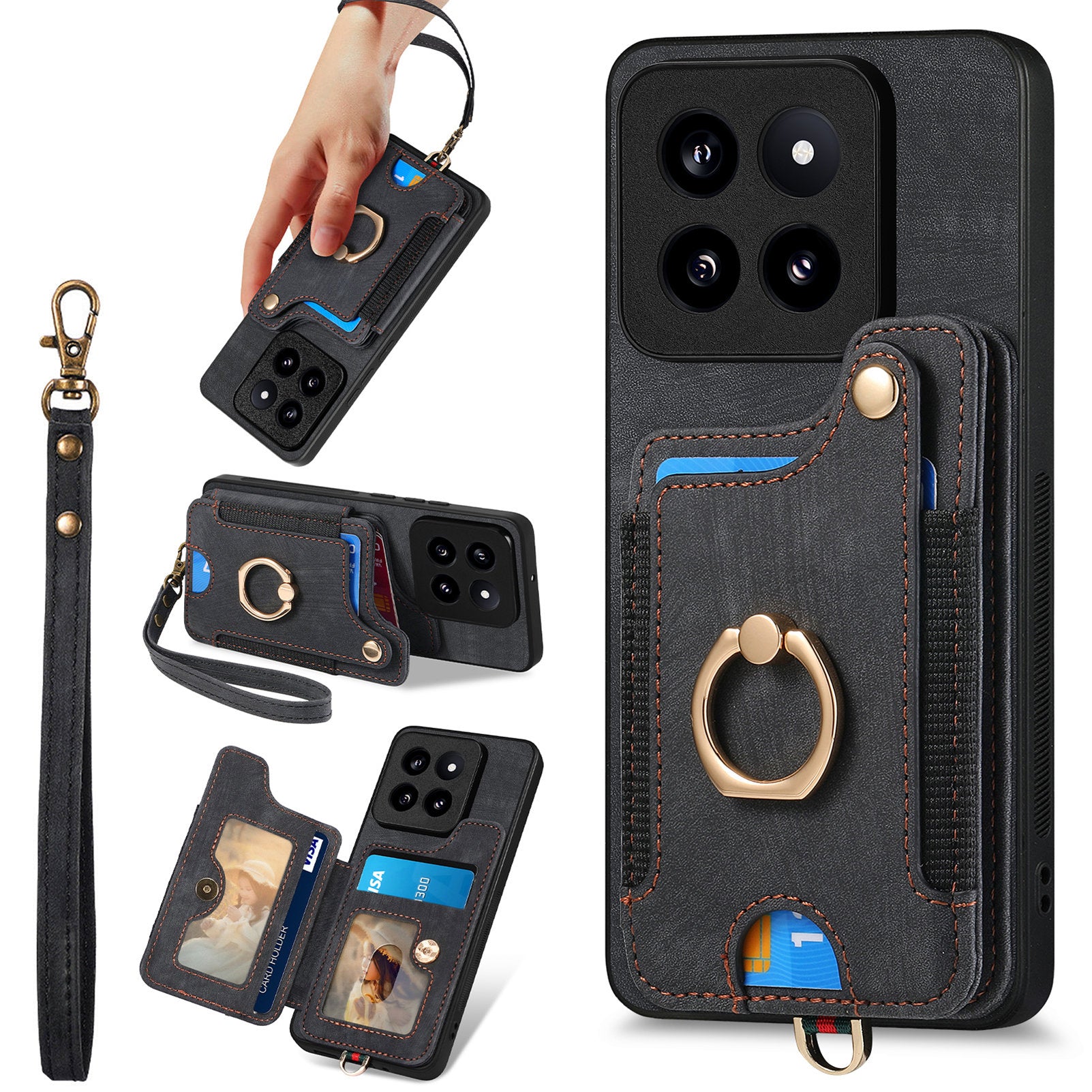D4 For Xiaomi 14 Pro RFID Blocking Vintage Phone Case Card Slots Kickstand Cover