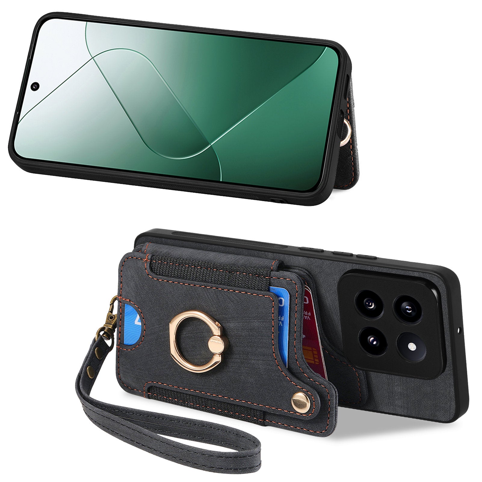 D4 For Xiaomi 14 Pro RFID Blocking Vintage Phone Case Card Slots Kickstand Cover