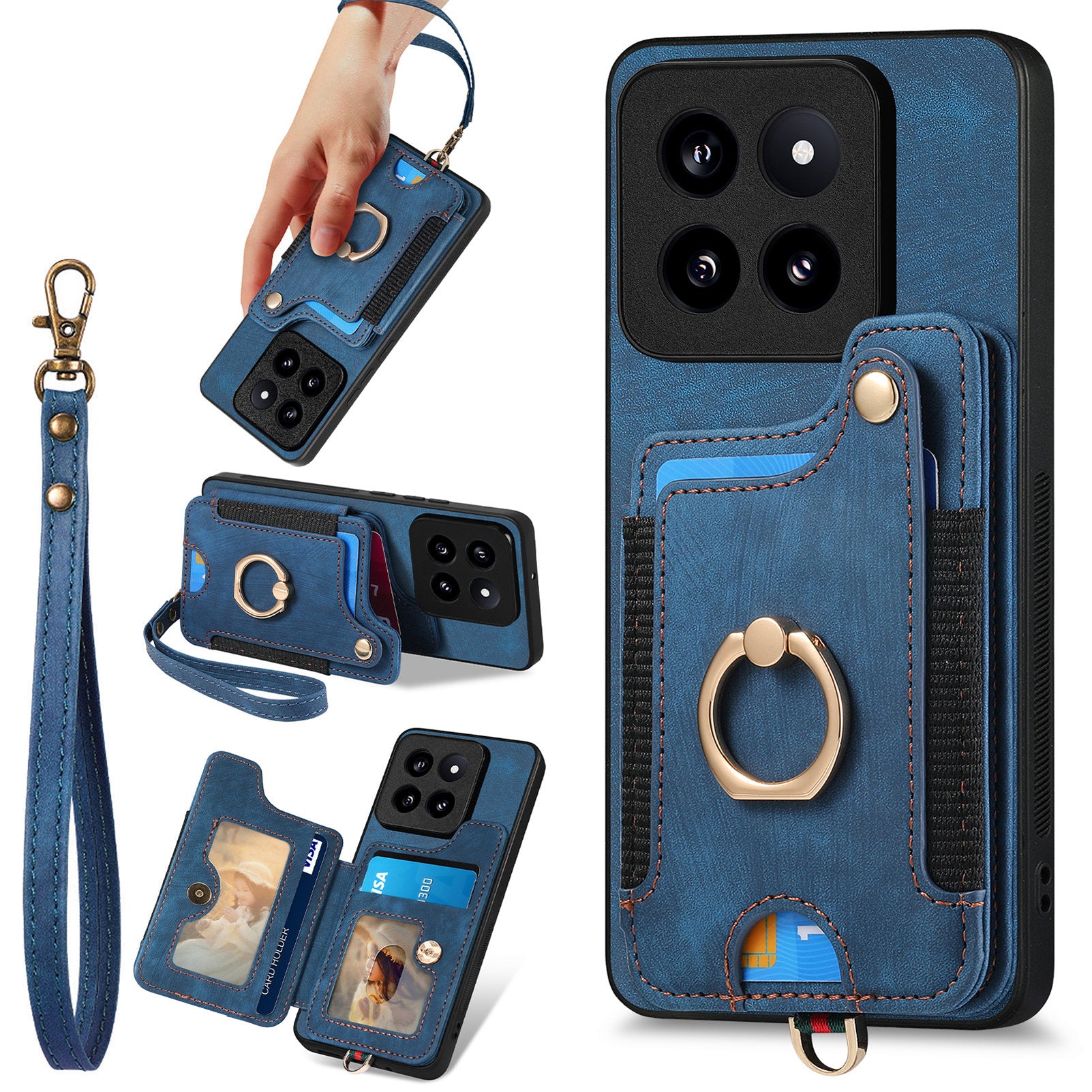 D4 For Xiaomi 14 Pro RFID Blocking Vintage Phone Case Card Slots Kickstand Cover