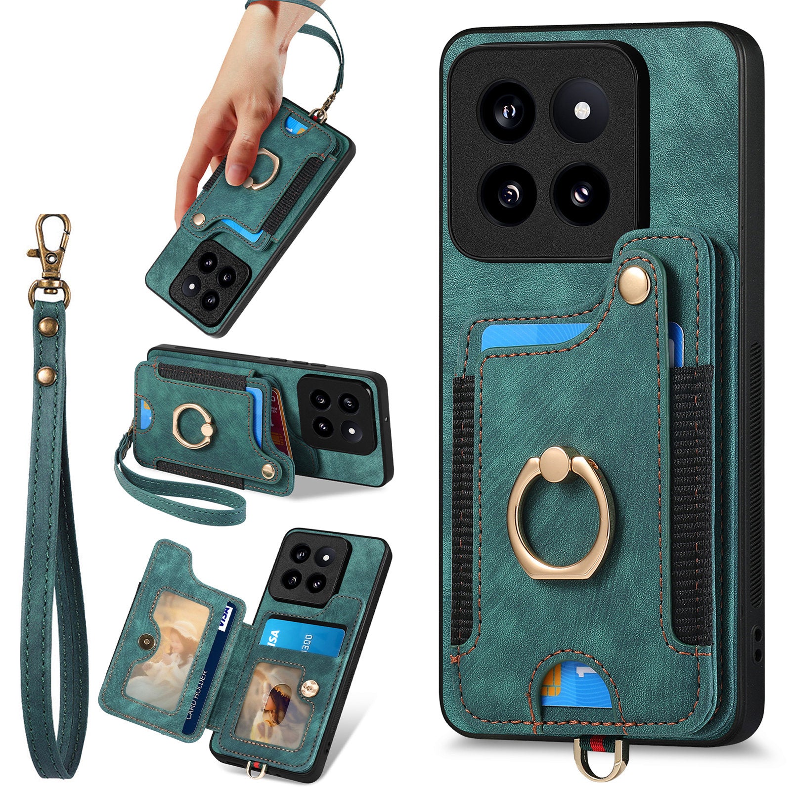 D4 For Xiaomi 14 Pro RFID Blocking Vintage Phone Case Card Slots Kickstand Cover