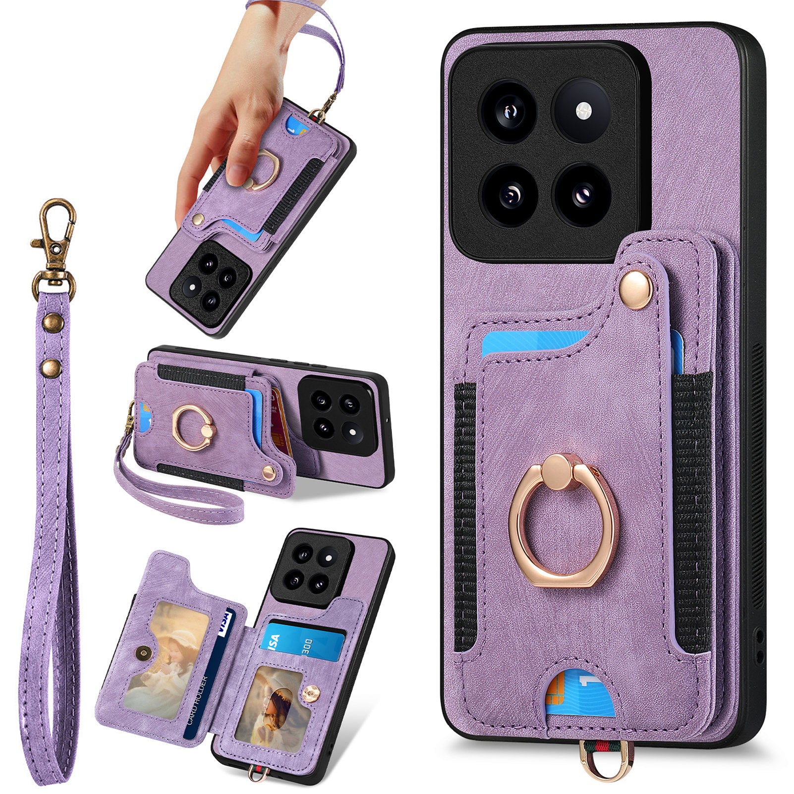 D4 For Xiaomi 14 Pro RFID Blocking Vintage Phone Case Card Slots Kickstand Cover