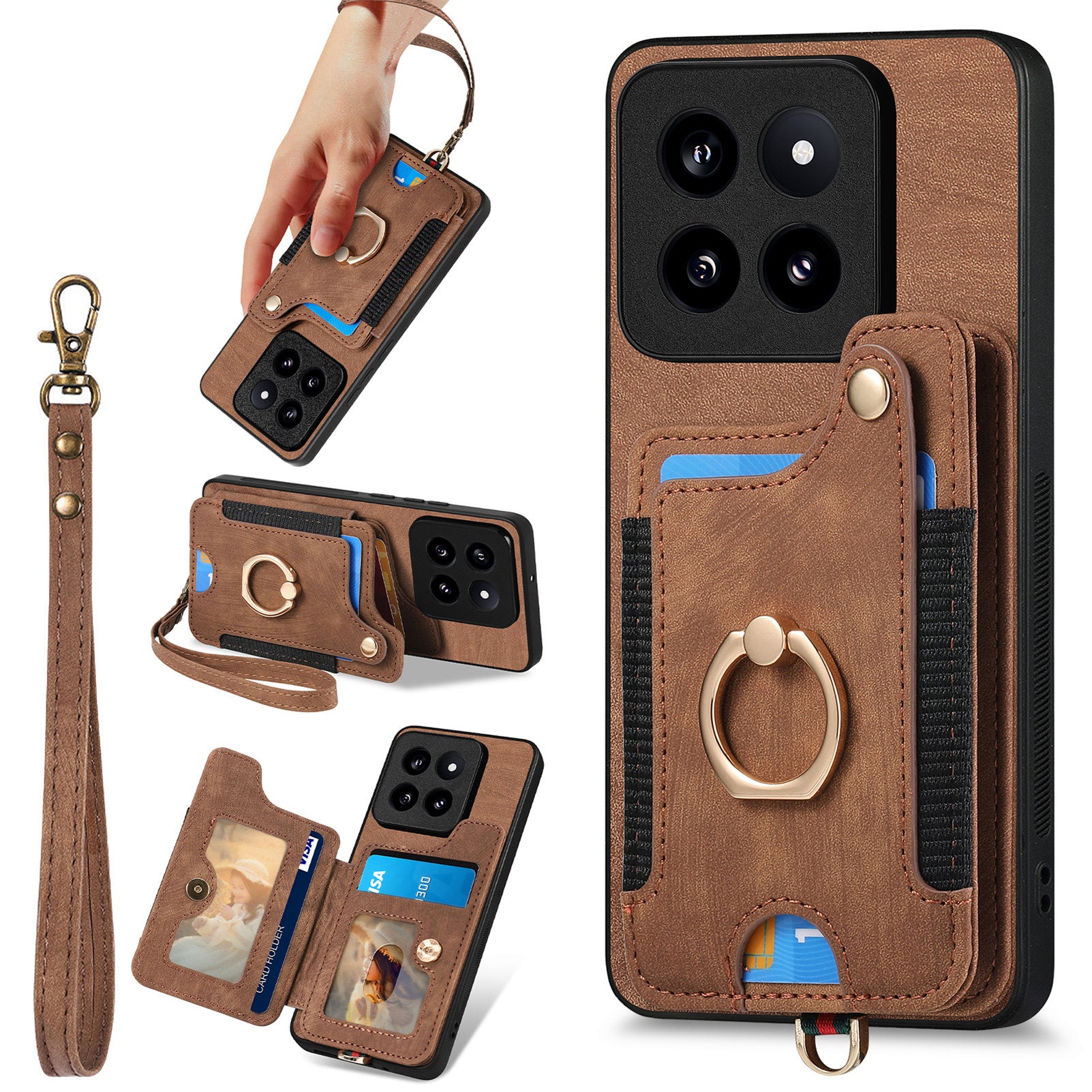 D4 For Xiaomi 14 Pro RFID Blocking Vintage Phone Case Card Slots Kickstand Cover