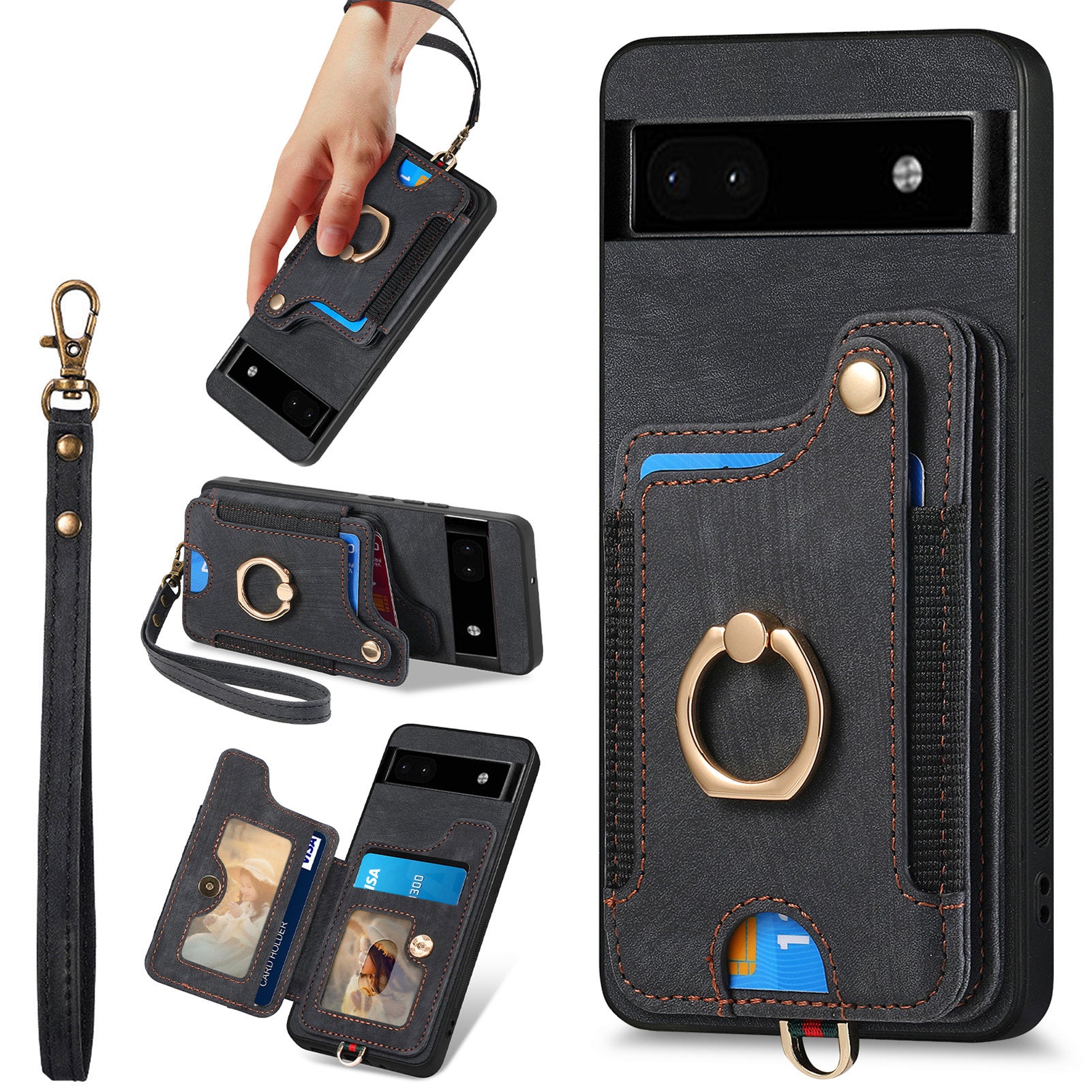 D4 For Google Pixel 8 Pro RFID Blocking Phone Case Retro Card Slots Kickstand Cover