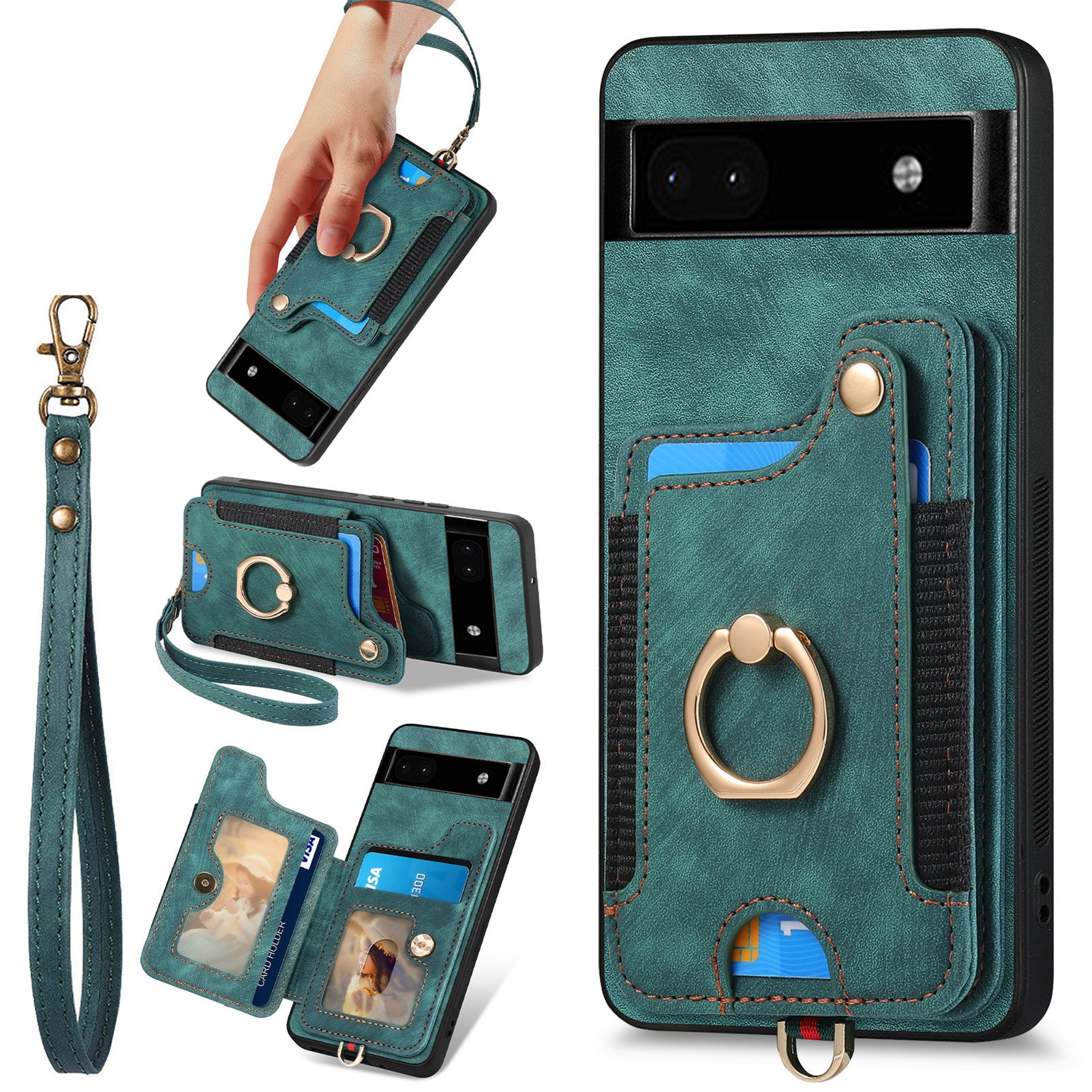 D4 For Google Pixel 8 Pro RFID Blocking Phone Case Retro Card Slots Kickstand Cover