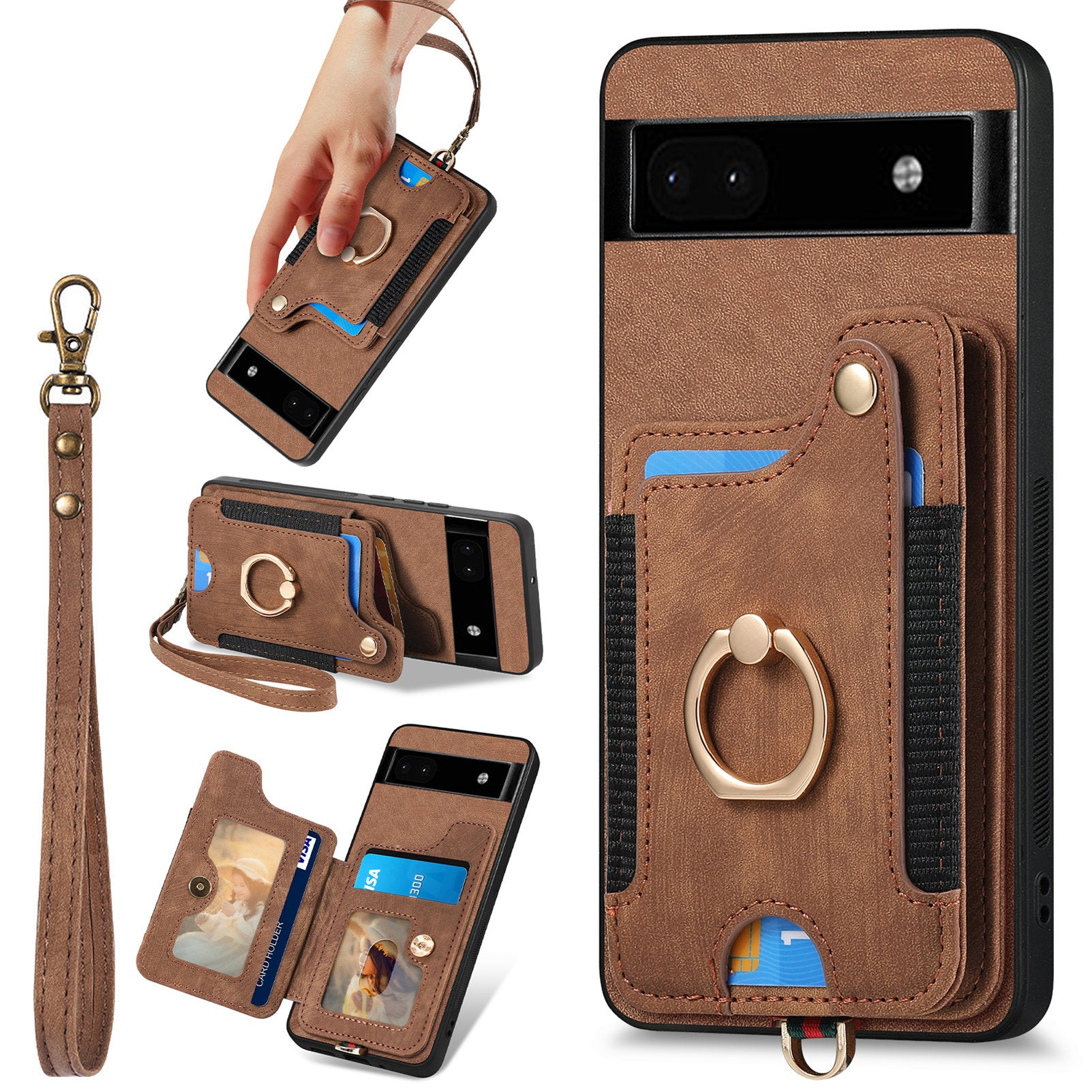 D4 For Google Pixel 8 Pro RFID Blocking Phone Case Retro Card Slots Kickstand Cover