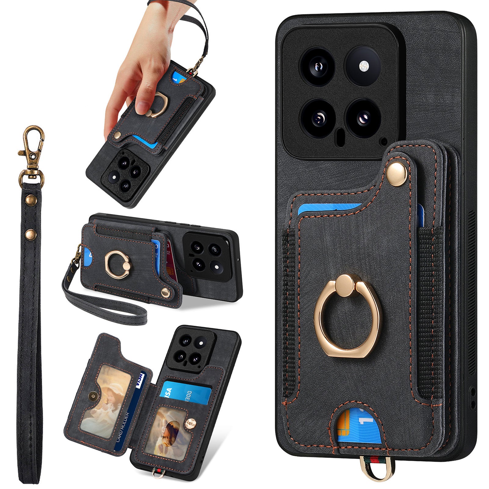 D4 For Xiaomi 14 Card Slots RFID Blocking Vintage Phone Case Kickstand Cover