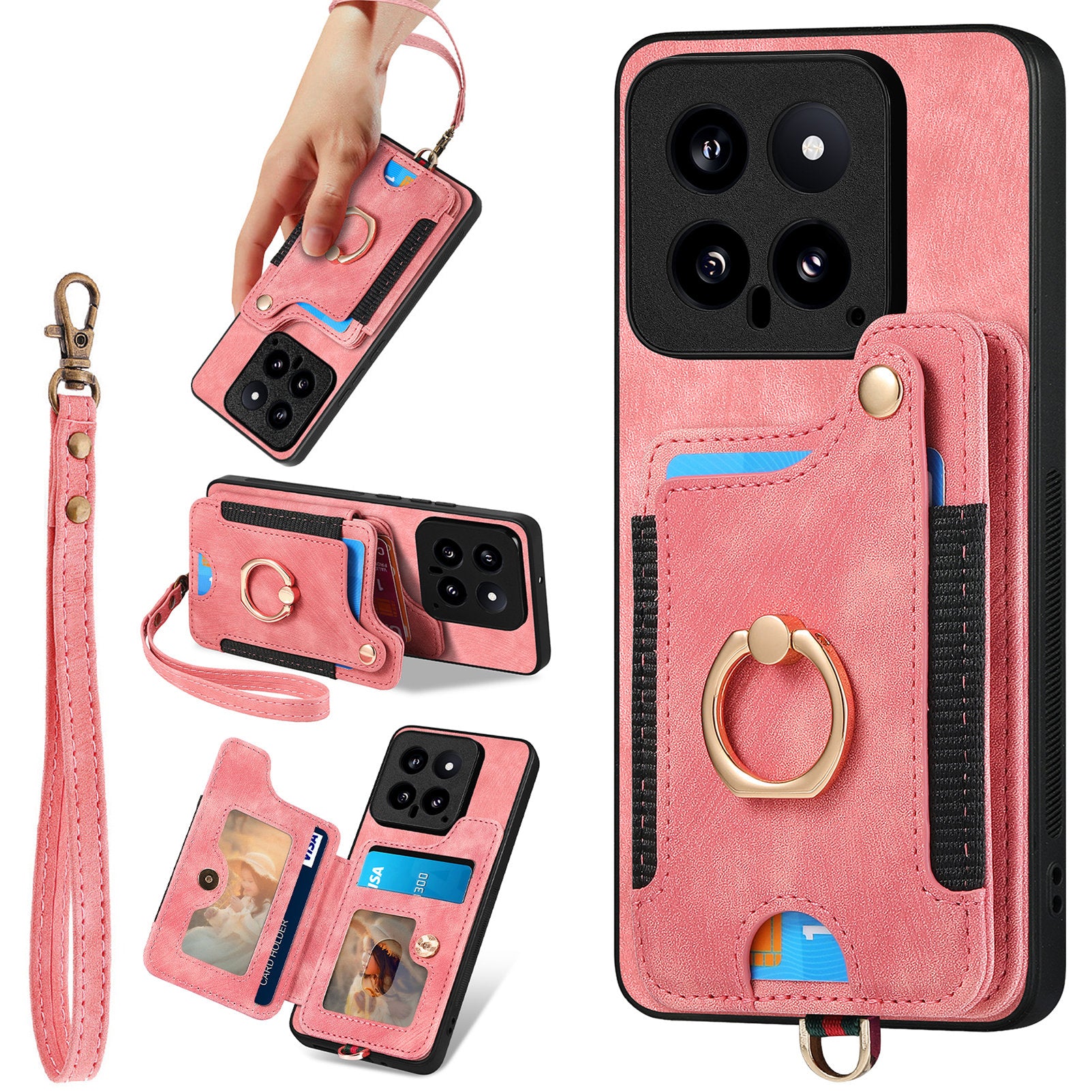D4 For Xiaomi 14 Card Slots RFID Blocking Vintage Phone Case Kickstand Cover