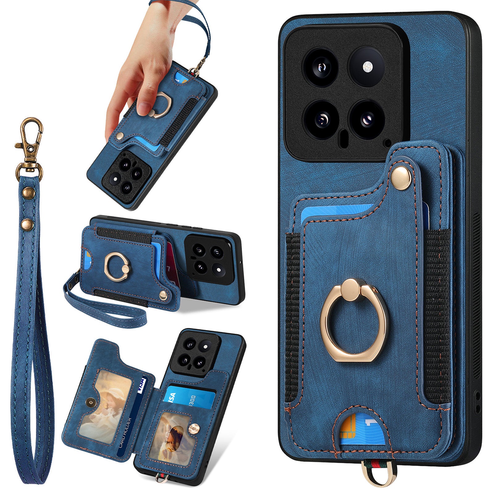 D4 For Xiaomi 14 Card Slots RFID Blocking Vintage Phone Case Kickstand Cover