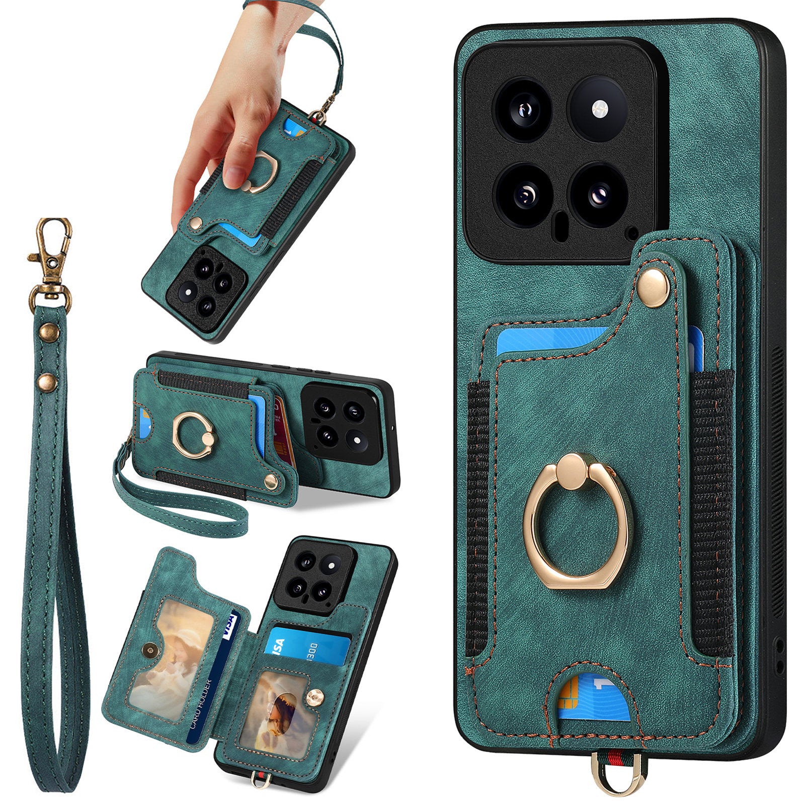 D4 For Xiaomi 14 Card Slots RFID Blocking Vintage Phone Case Kickstand Cover