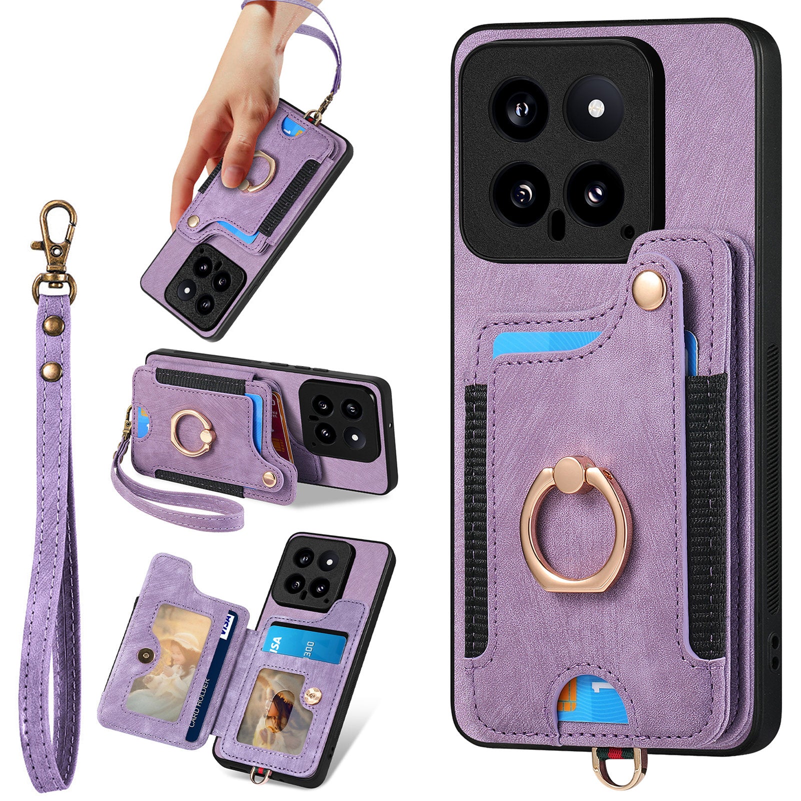 D4 For Xiaomi 14 Card Slots RFID Blocking Vintage Phone Case Kickstand Cover