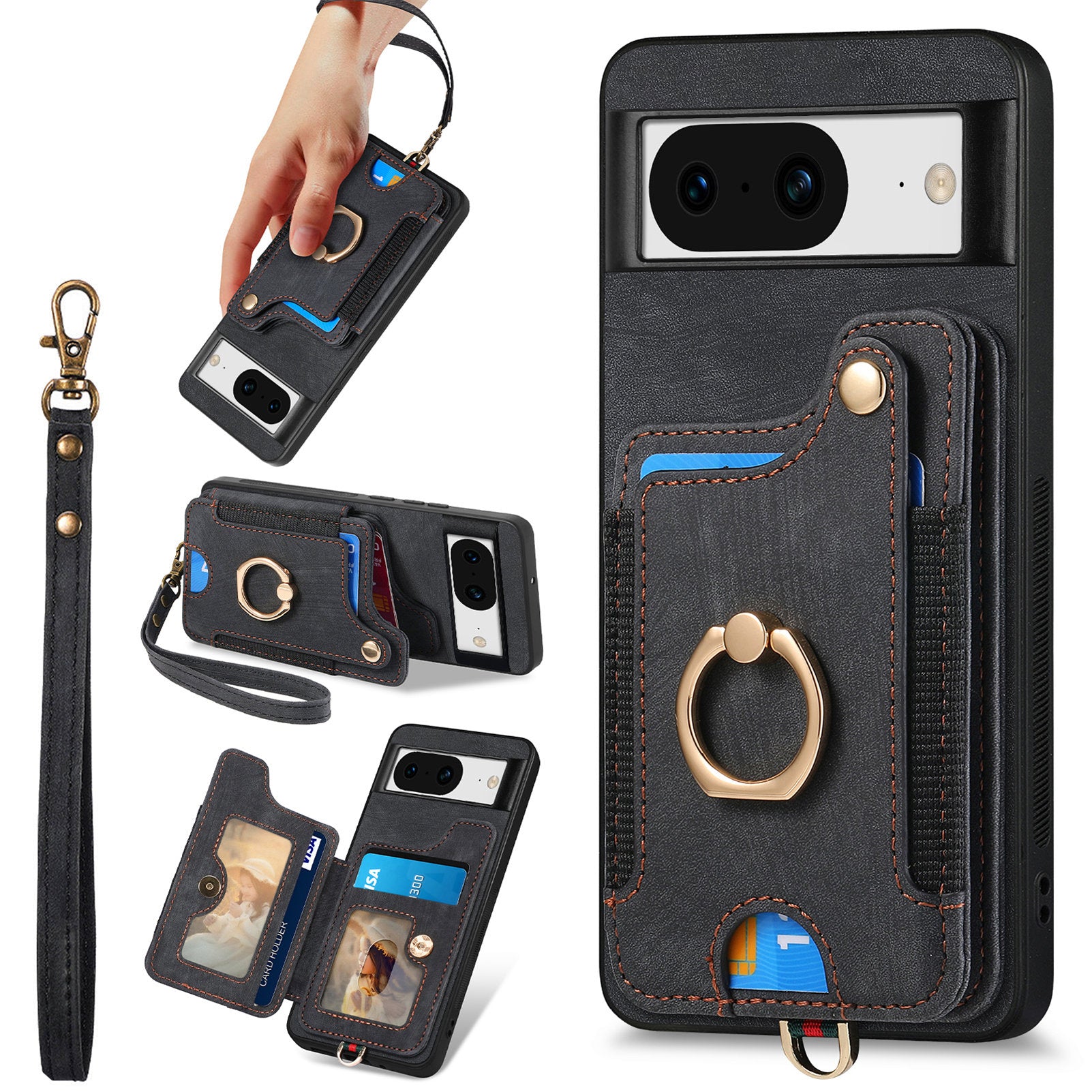 D4 For Google Pixel 8 Cell Phone Case Leather+TPU Back Cover with RFID Blocking Card Holder