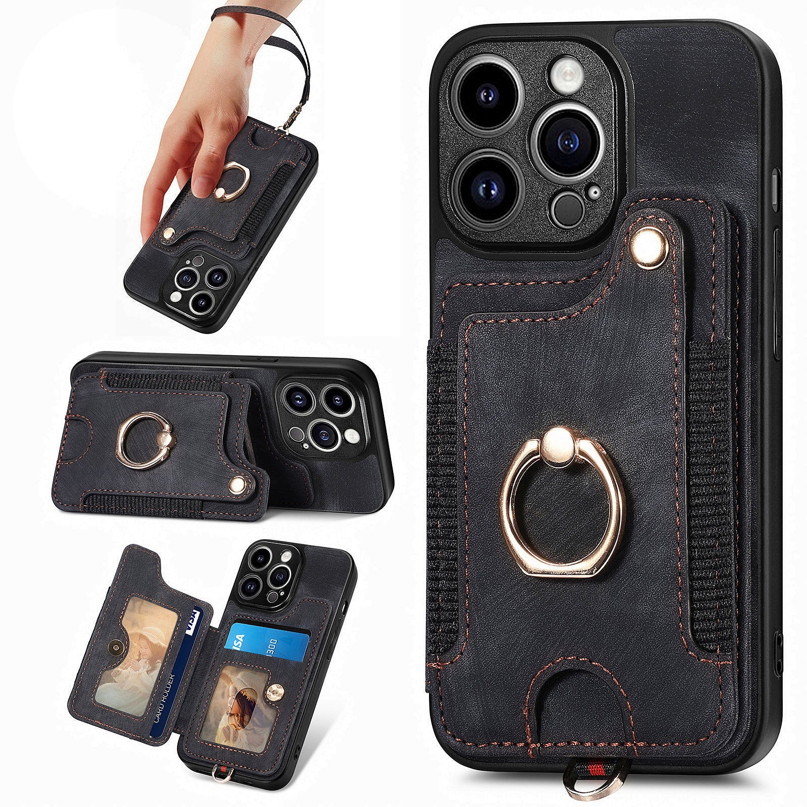 D4 For iPhone 13 Pro Max Phone Case RFID Blocking Cell Phone Back Cover Card Slots Kickstand