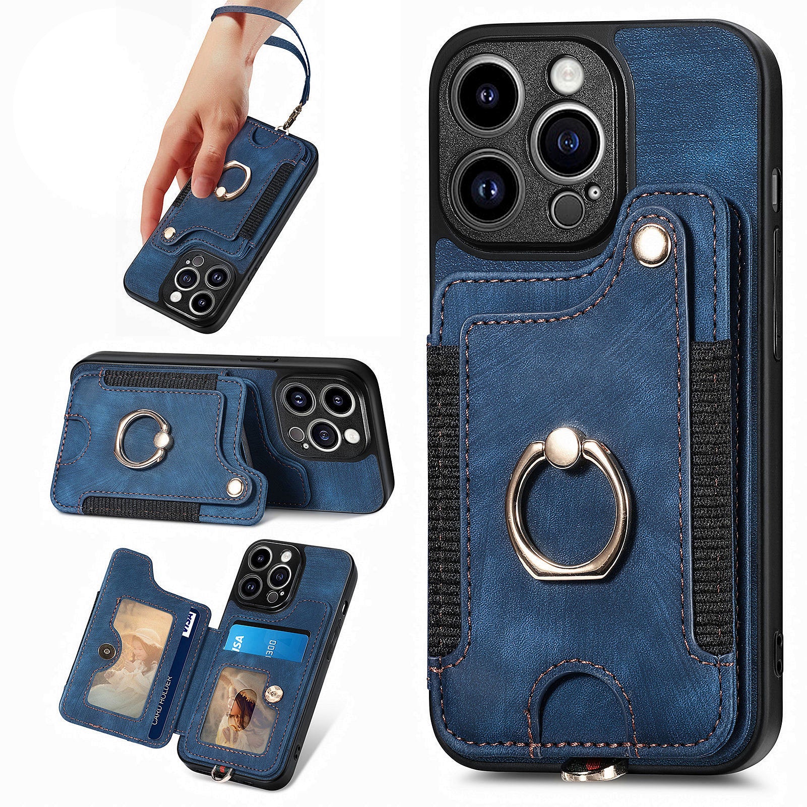 D4 For iPhone 13 Pro Max Phone Case RFID Blocking Cell Phone Back Cover Card Slots Kickstand
