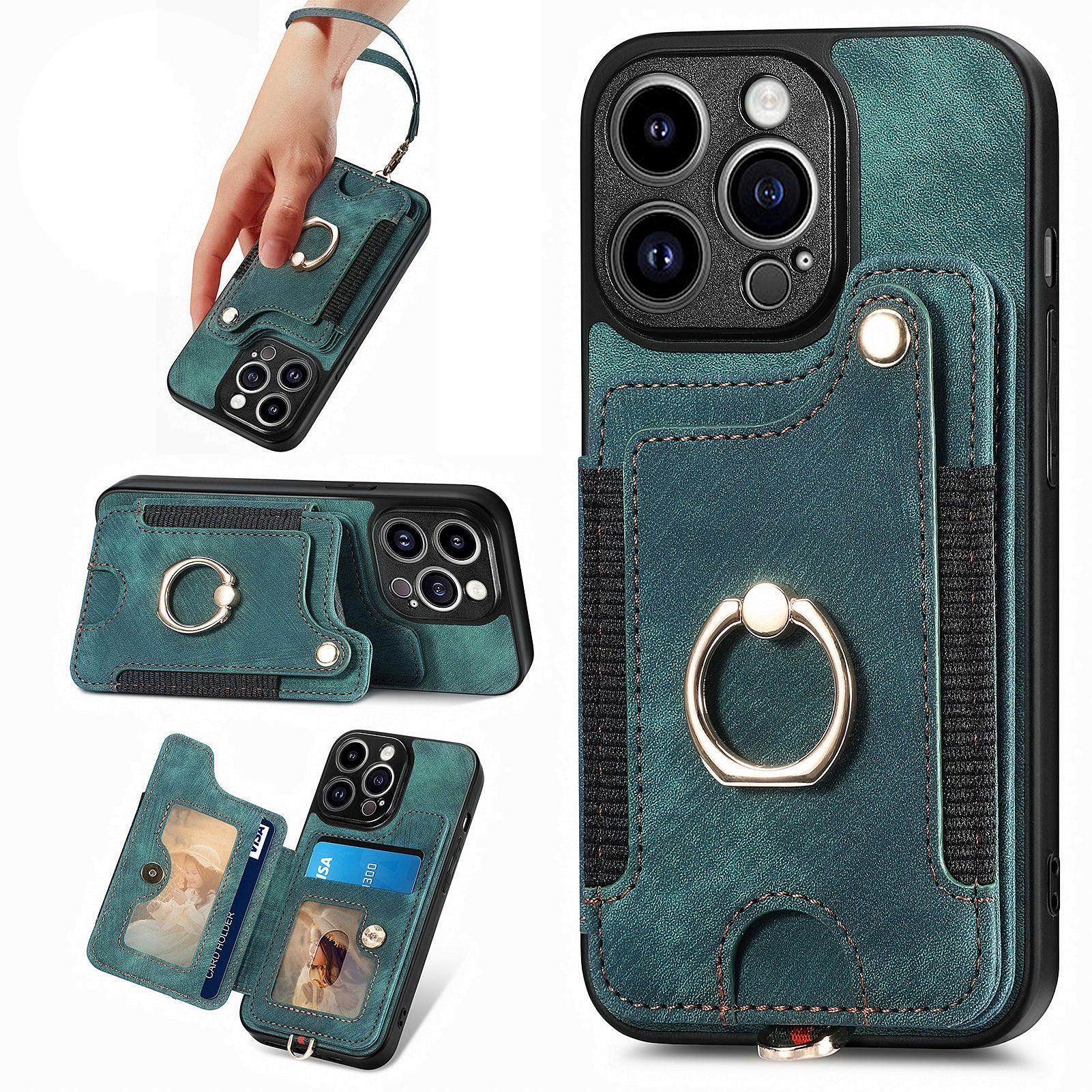D4 For iPhone 13 Pro Max Phone Case RFID Blocking Cell Phone Back Cover Card Slots Kickstand