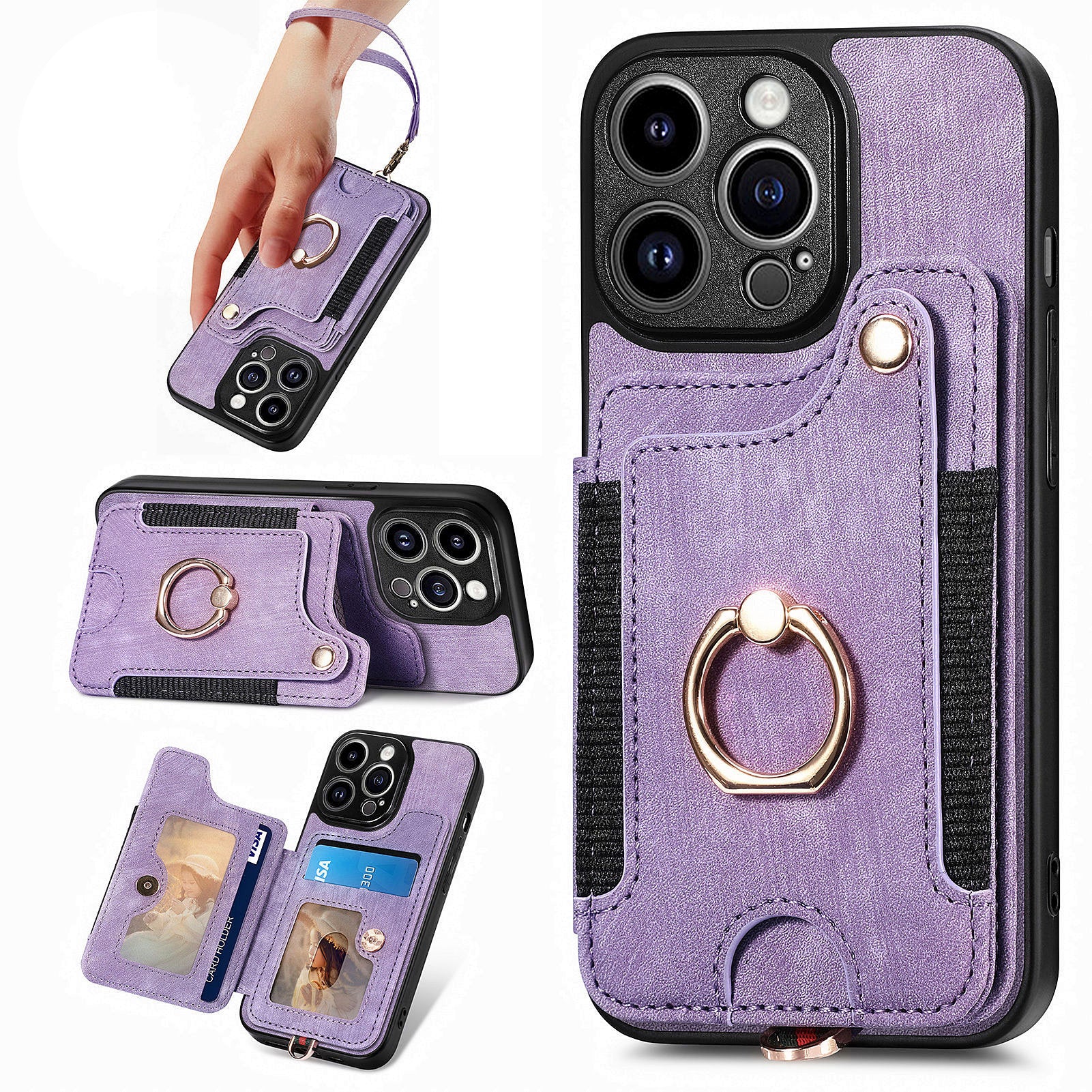 D4 For iPhone 13 Pro Max Phone Case RFID Blocking Cell Phone Back Cover Card Slots Kickstand