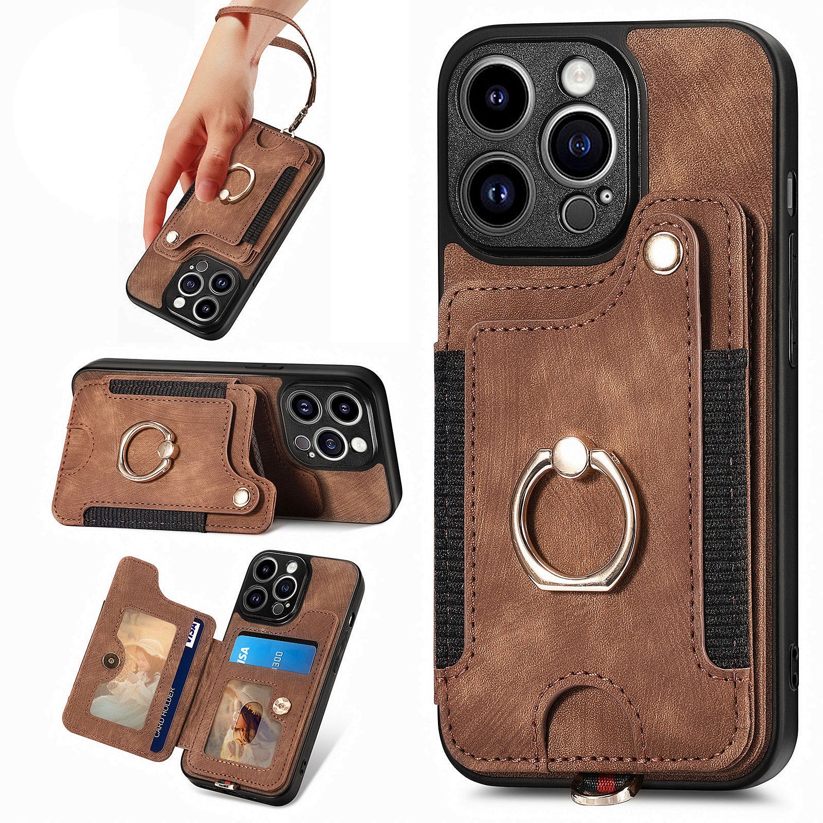 D4 For iPhone 13 Pro Max Phone Case RFID Blocking Cell Phone Back Cover Card Slots Kickstand