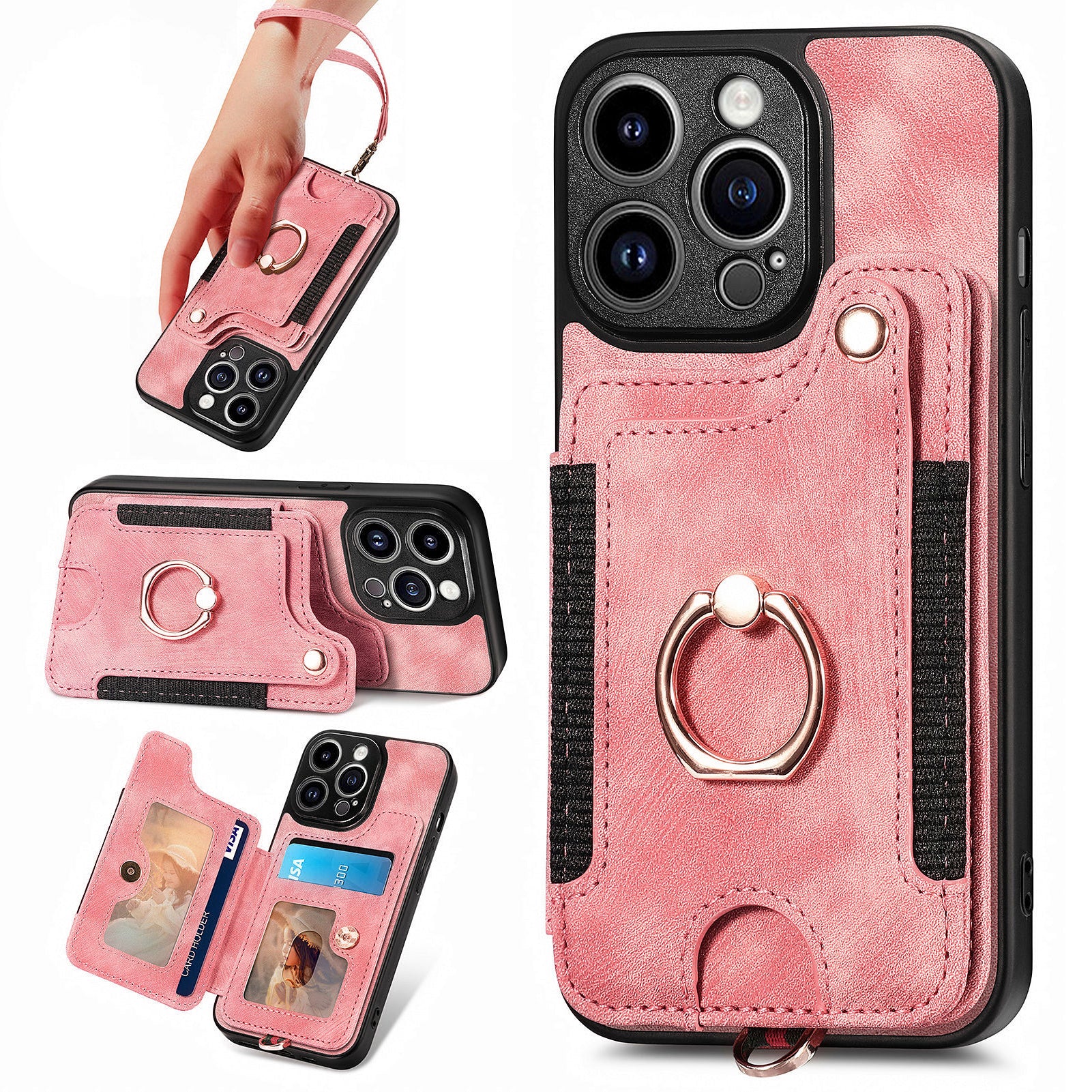 D4 For iPhone 13 Pro RFID Blocking Phone Case Wallet TPU+PU Leather Phone Cover with Ring Holder