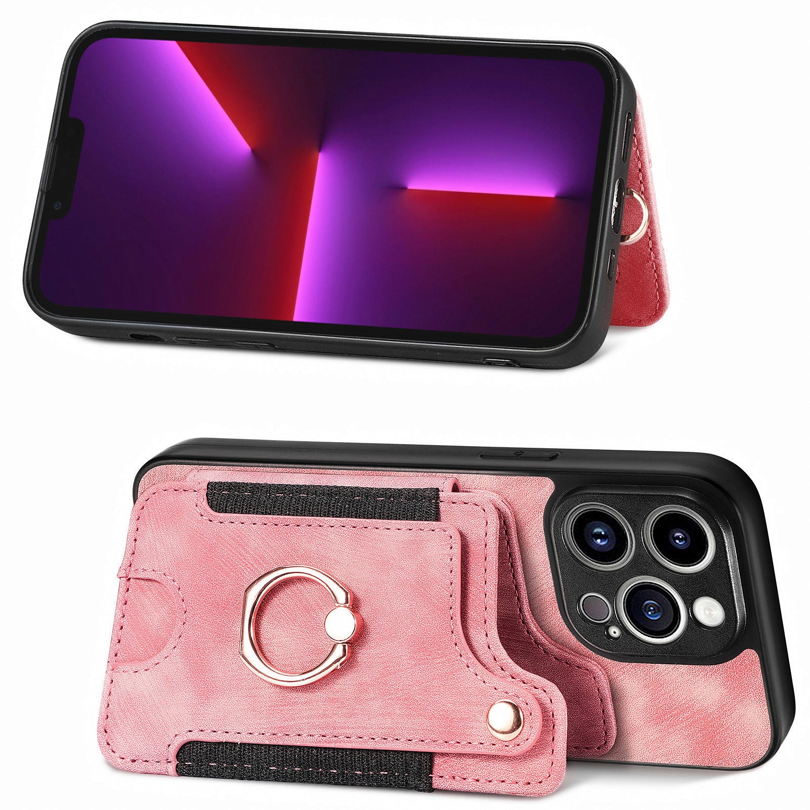 D4 For iPhone 13 Pro RFID Blocking Phone Case Wallet TPU+PU Leather Phone Cover with Ring Holder
