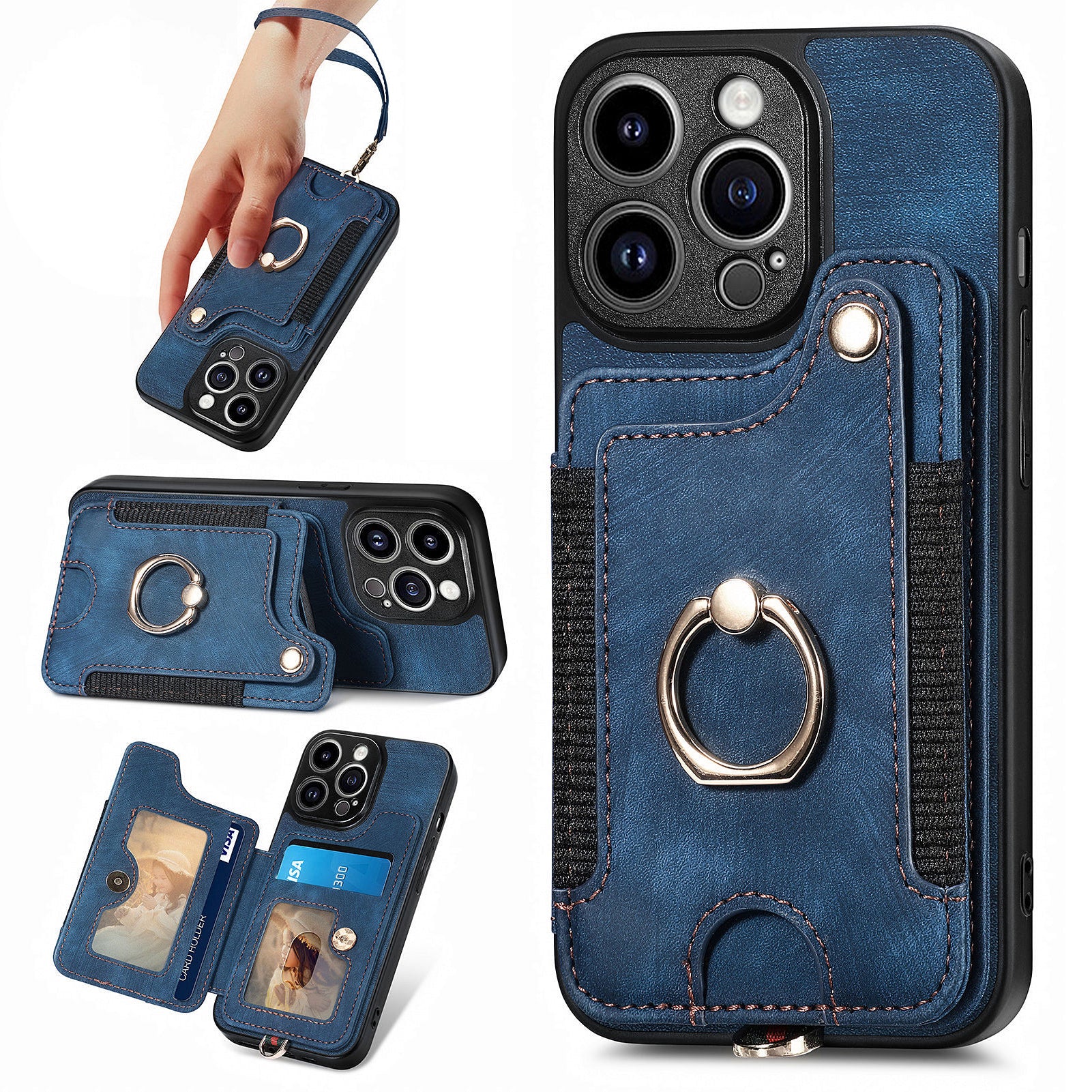 D4 For iPhone 13 Pro RFID Blocking Phone Case Wallet TPU+PU Leather Phone Cover with Ring Holder