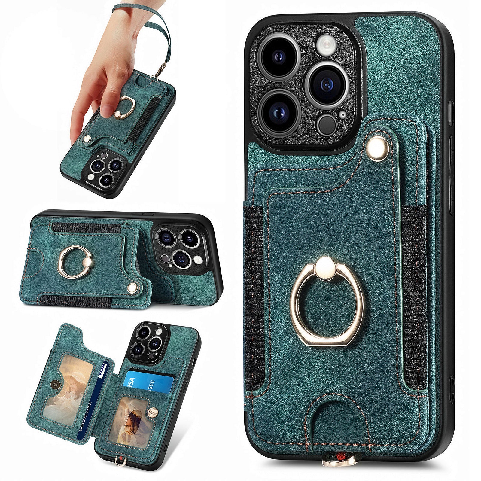 D4 For iPhone 13 Pro RFID Blocking Phone Case Wallet TPU+PU Leather Phone Cover with Ring Holder