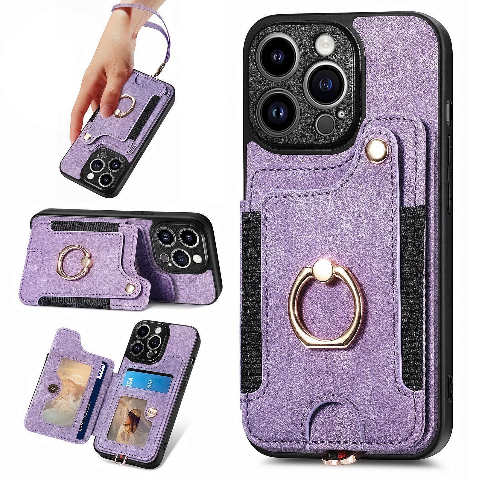 D4 For iPhone 13 Pro RFID Blocking Phone Case Wallet TPU+PU Leather Phone Cover with Ring Holder