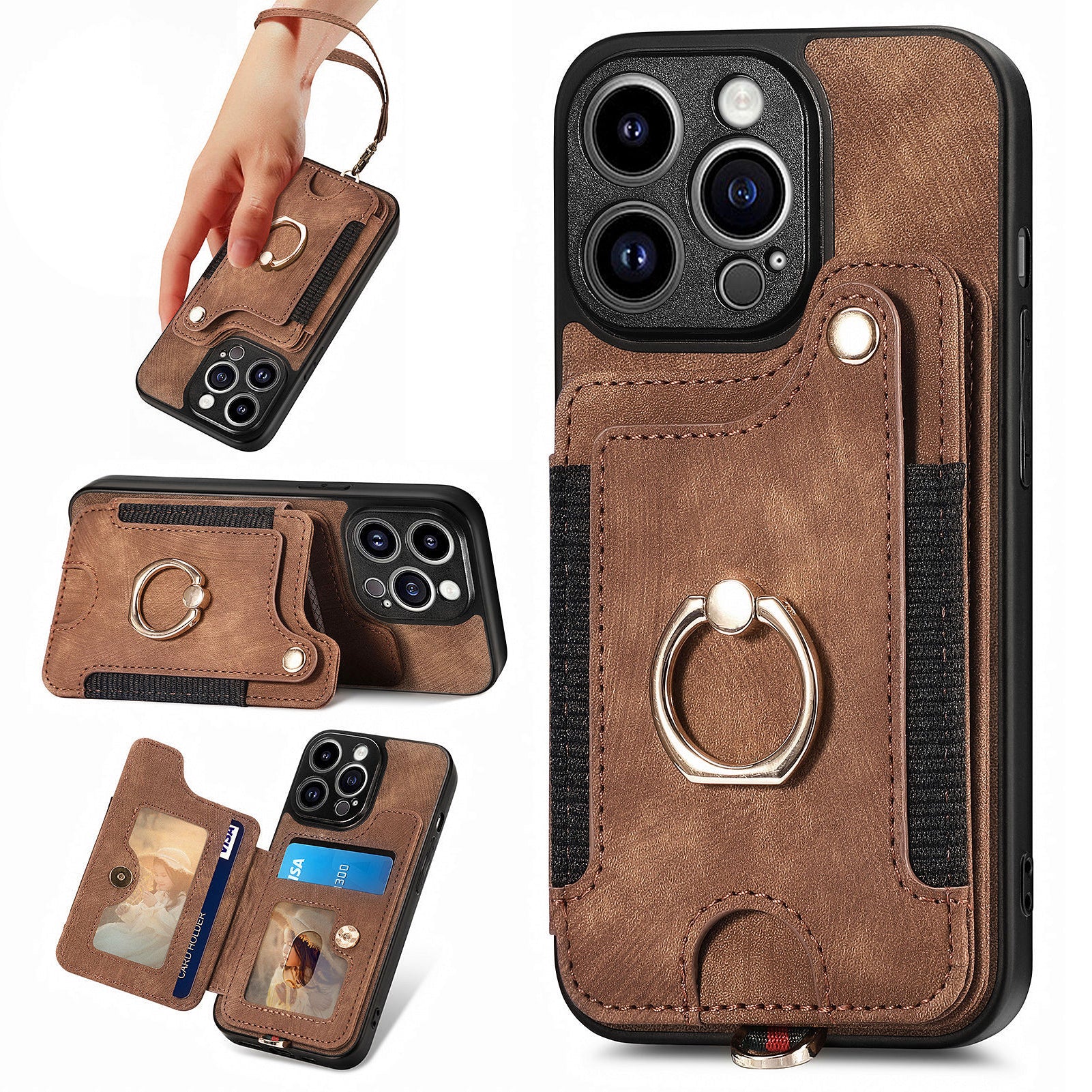 D4 For iPhone 13 Pro RFID Blocking Phone Case Wallet TPU+PU Leather Phone Cover with Ring Holder