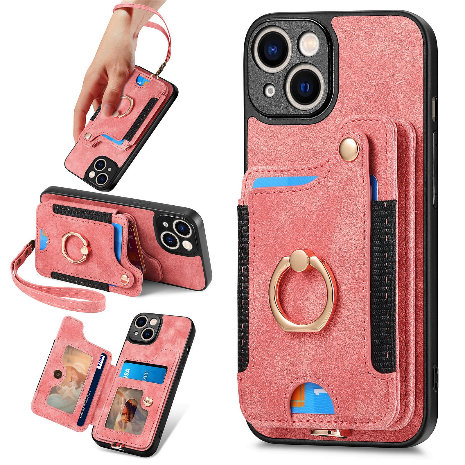 D4 For iPhone 13 Anti-scratch RFID Blocking Vintage Phone Case Card Slots Kickstand Cover