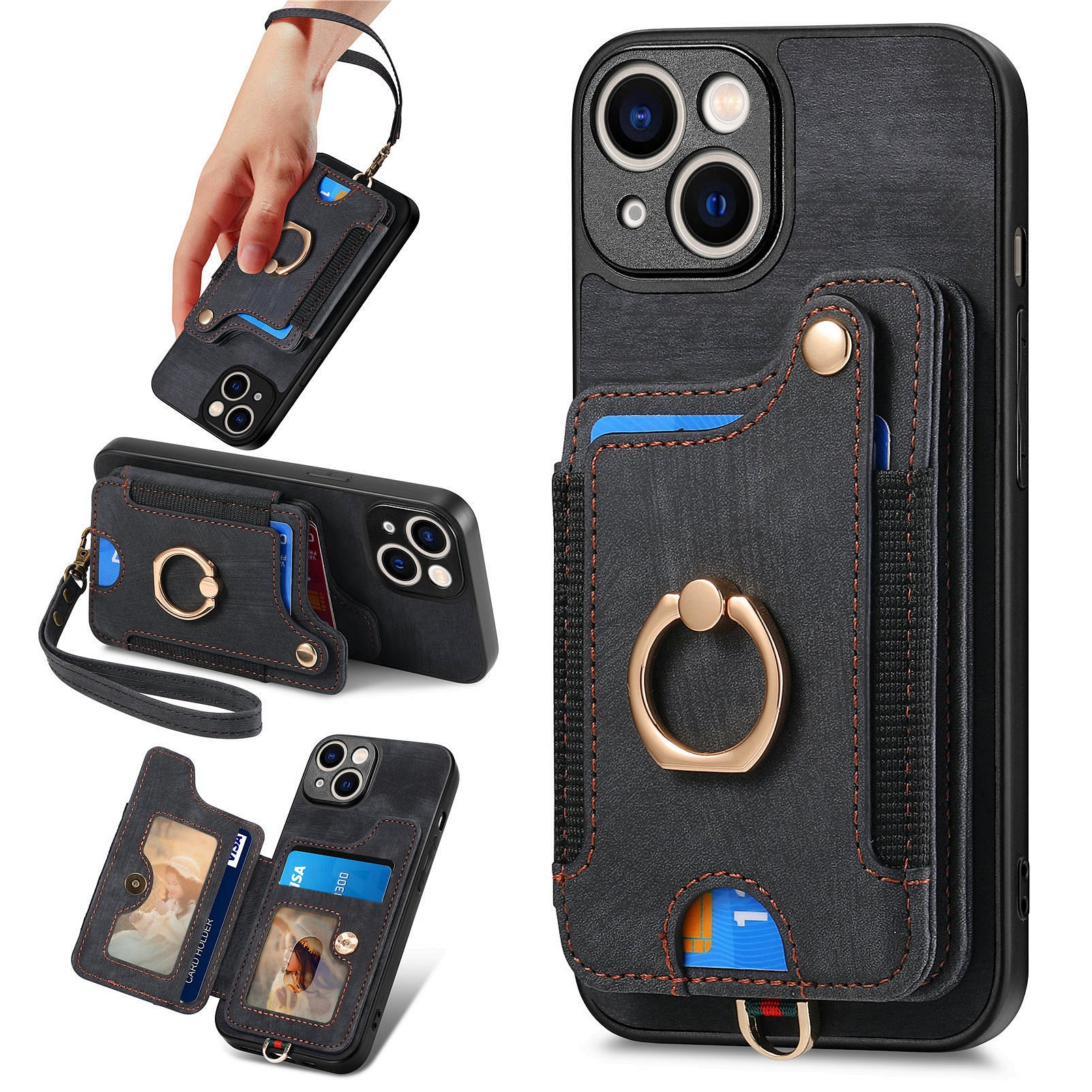 D4 For iPhone 13 Anti-scratch RFID Blocking Vintage Phone Case Card Slots Kickstand Cover