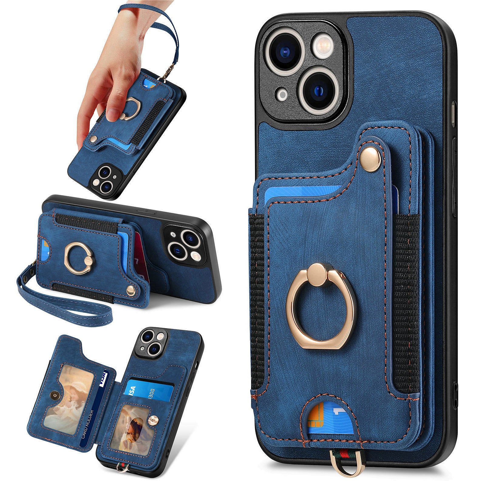D4 For iPhone 13 Anti-scratch RFID Blocking Vintage Phone Case Card Slots Kickstand Cover