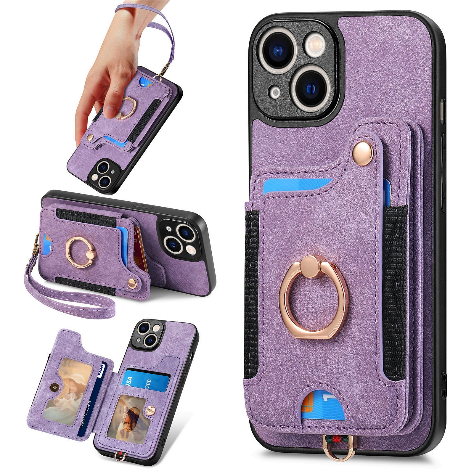 D4 For iPhone 13 Anti-scratch RFID Blocking Vintage Phone Case Card Slots Kickstand Cover